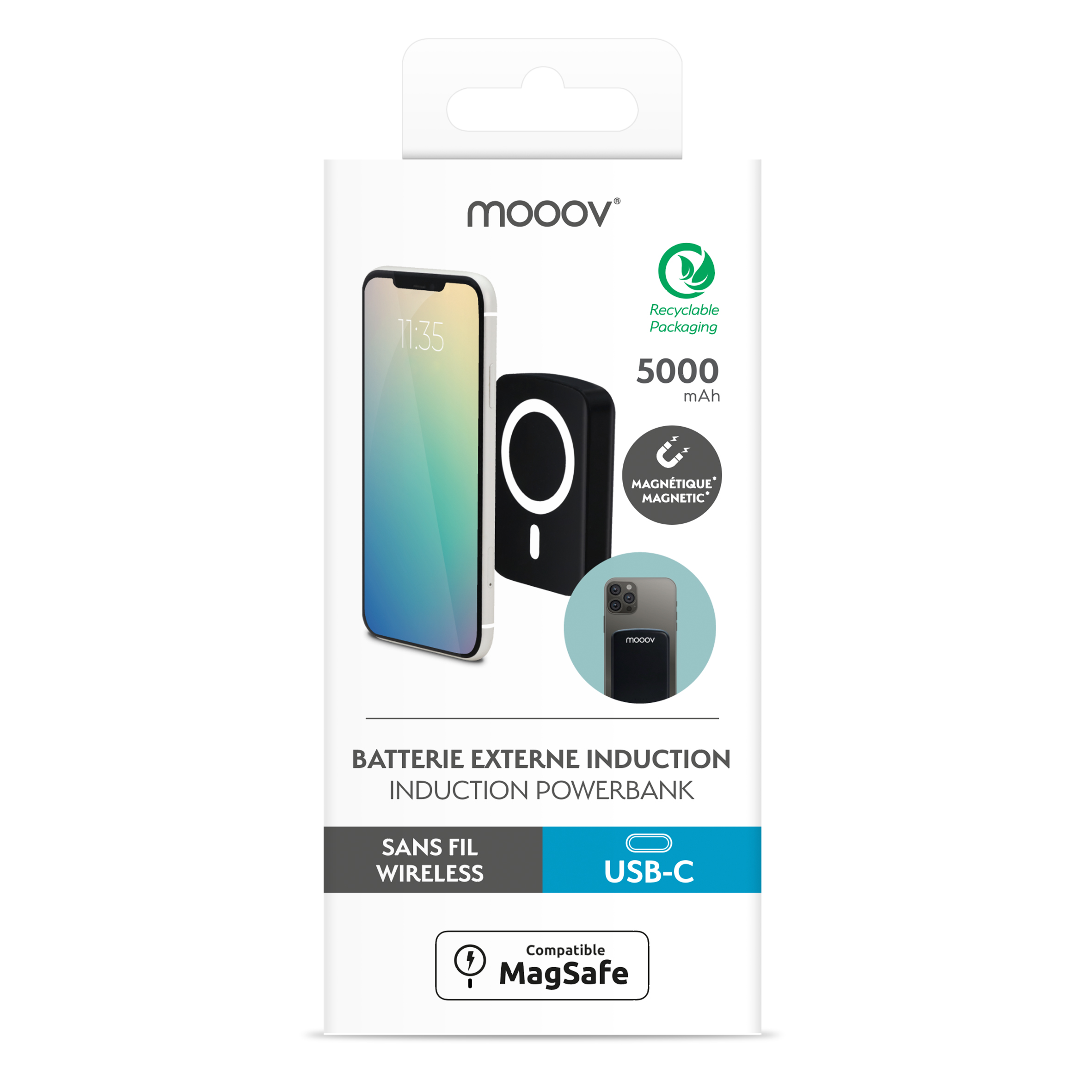 Una caja de banco de energía blanca y negra con un teléfono y un cargador, las etiquetas incluyen MagSafe, USB-C y 5000 mAh.