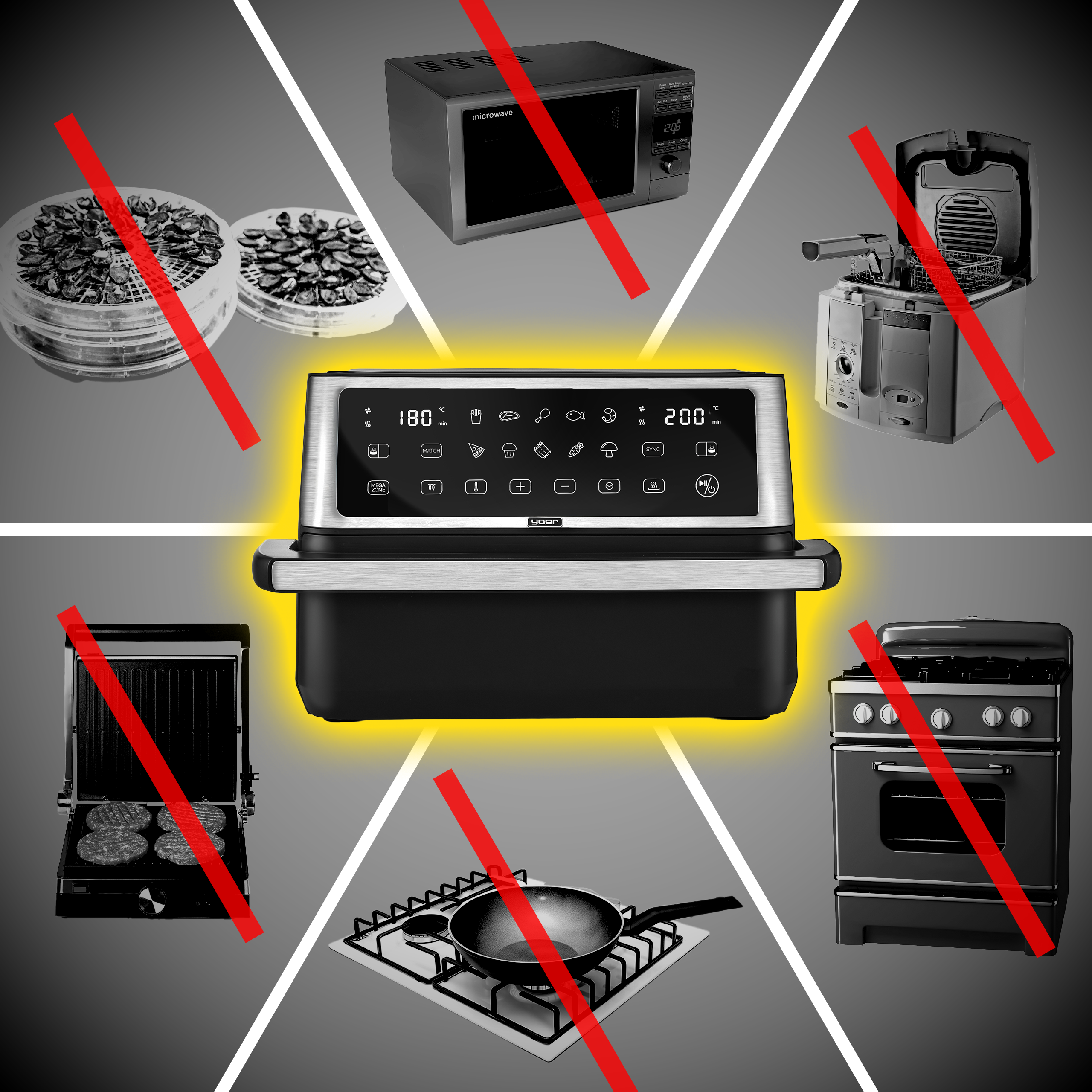 Frytkownica powietrzna jest głównym elementem, otoczonym skreślonymi urządzeniami kuchennymi, takimi jak kuchenka mikrofalowa i kuchenka.