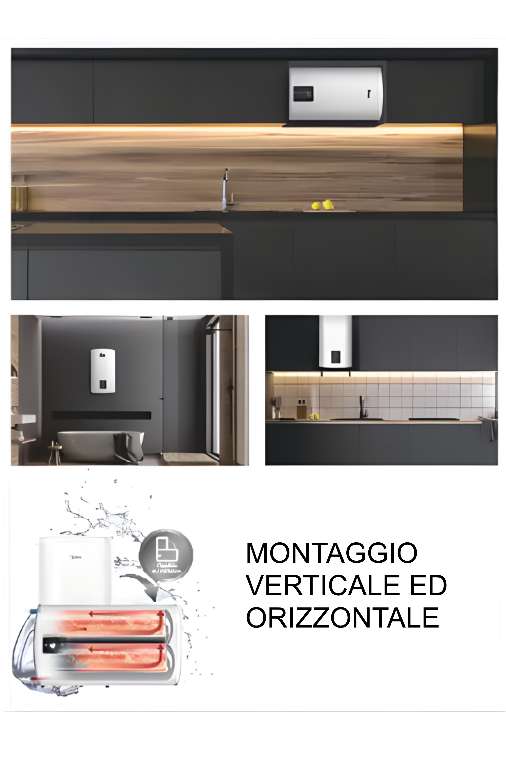 L'immagine mostra uno scaldabagno e scene della sua installazione in vari ambienti cucina e bagno, con testo sottostante.