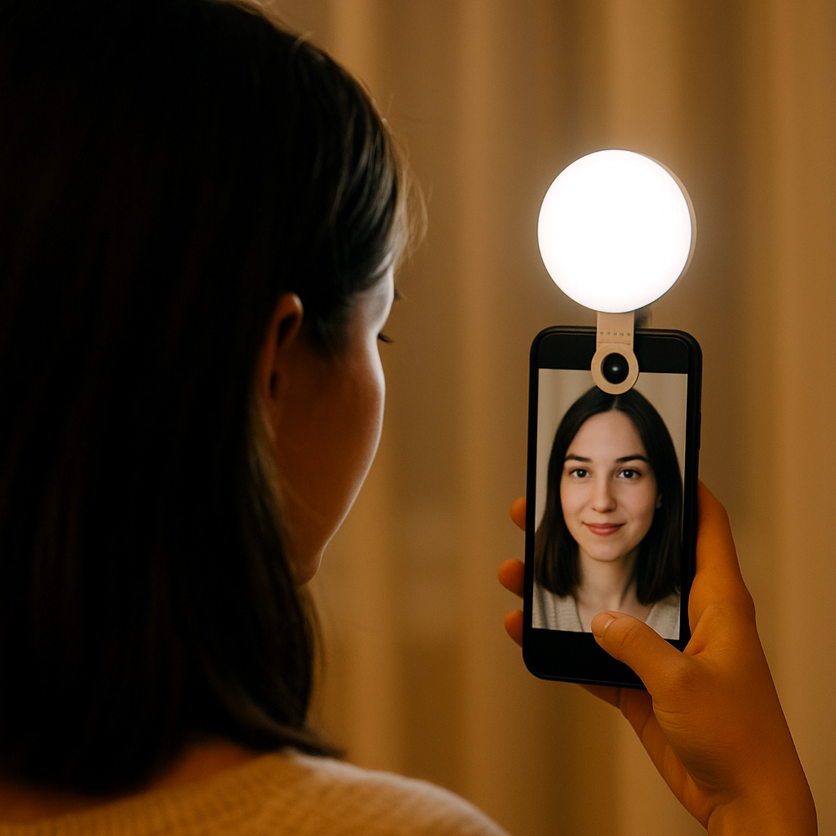 Una mujer sostiene un teléfono con selfie. Una luz de anillo está adjunta. La pantalla muestra el rostro sonriente de la mujer. Fondo beige suave.
