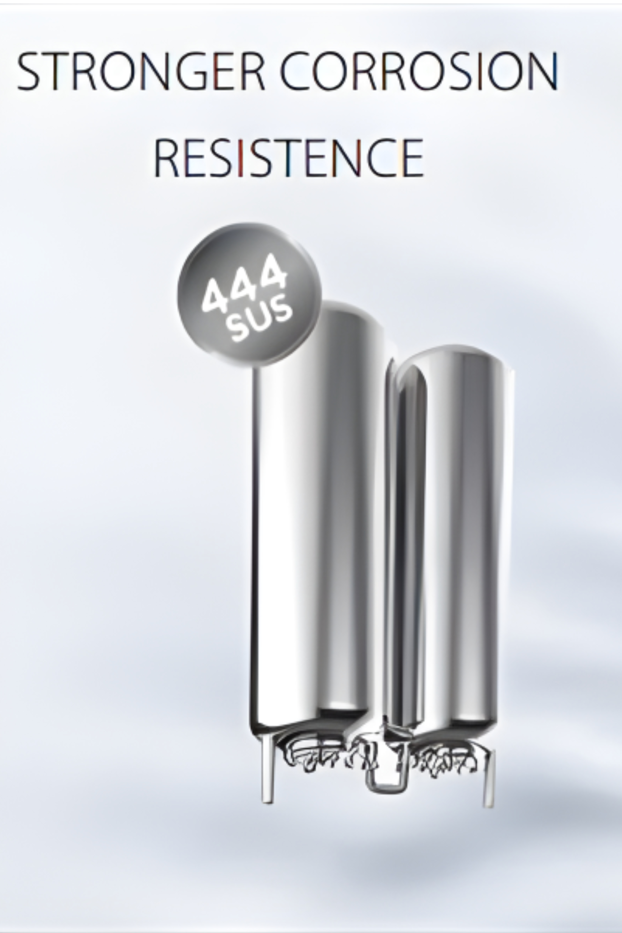 L'immagine mostra tre cilindri metallici, un cerchio grigio con '444 SUS' e il testo 'STRONGER CORROSION RESISTENCE'.