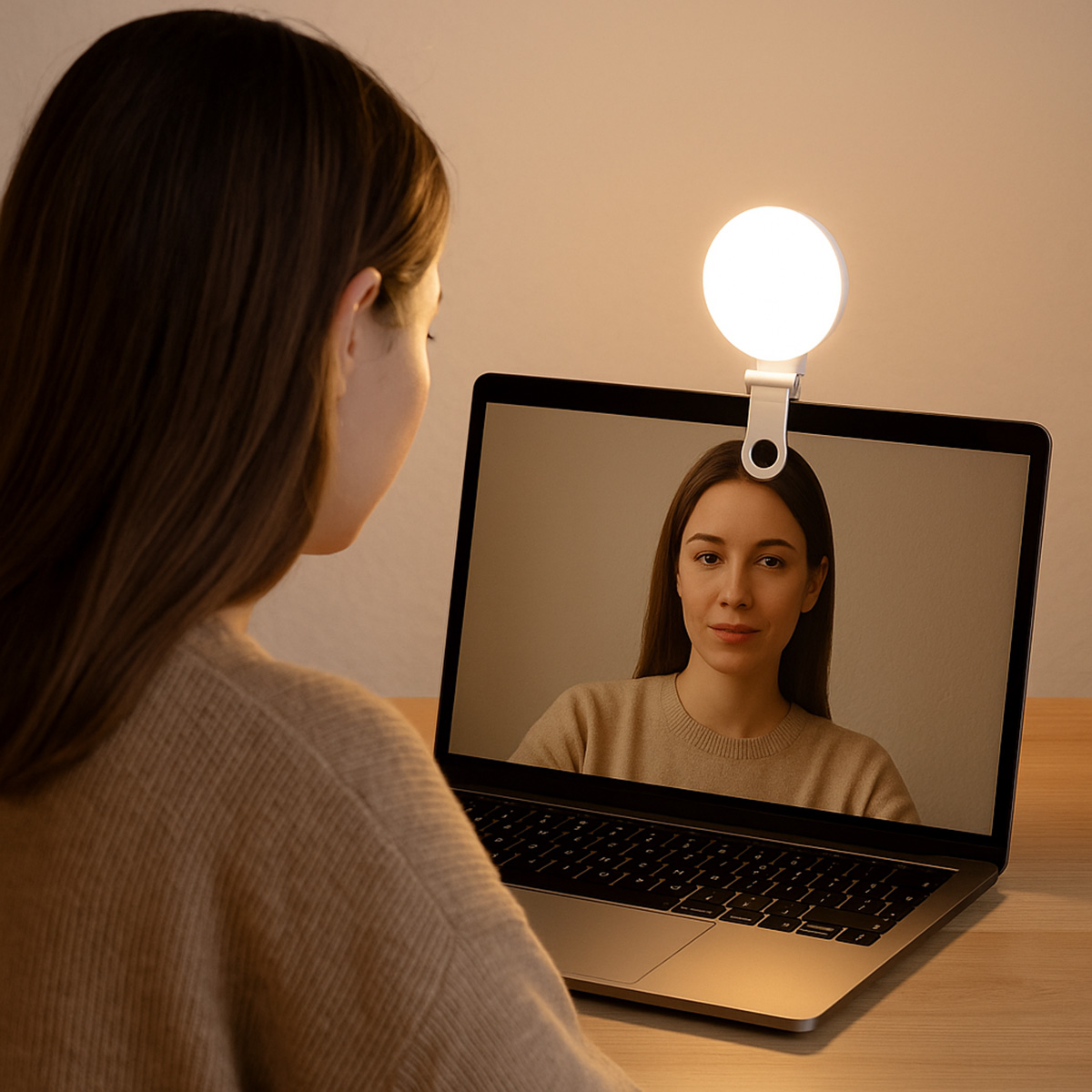 Una mujer usa una laptop para una videollamada. Una pequeña luz de anillo está unida a la parte superior de la laptop. La pantalla muestra a otra mujer.