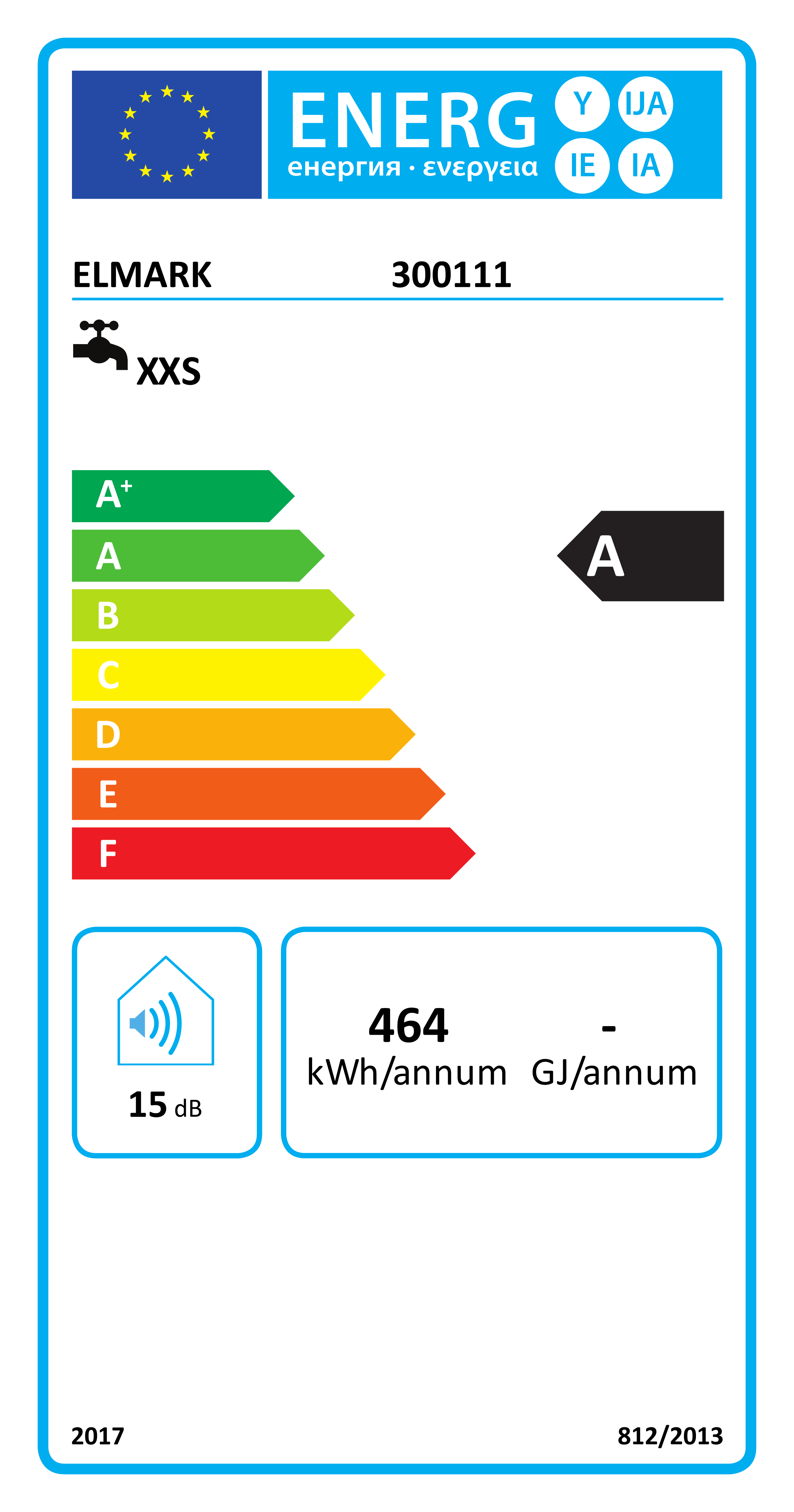 Etichetta energetica per rubinetto. Mostra la classe A di efficienza energetica. Contiene informazioni su acqua e suono.