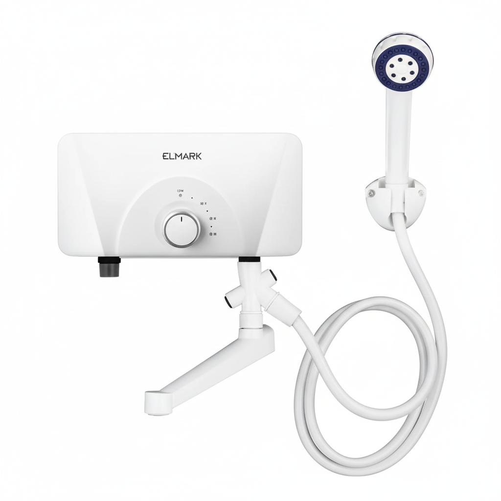 Uno scaldabagno istantaneo Elmark bianco con un soffione doccia. Lo scaldabagno ha una manopola di controllo e il soffione ha dettagli blu.