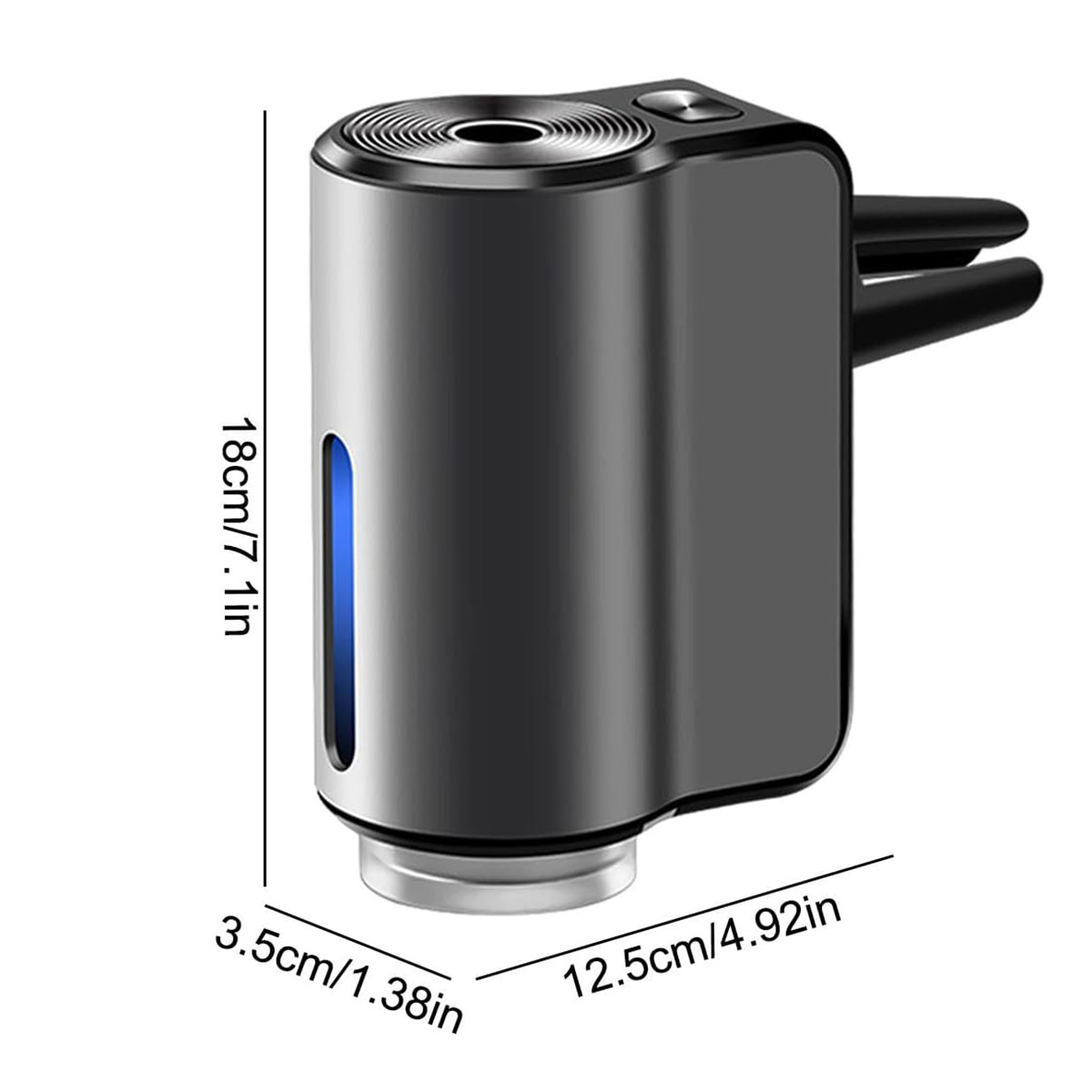 Un ambientador para coche plateado y negro, con dimensiones etiquetadas. Tiene un indicador de luz azul.