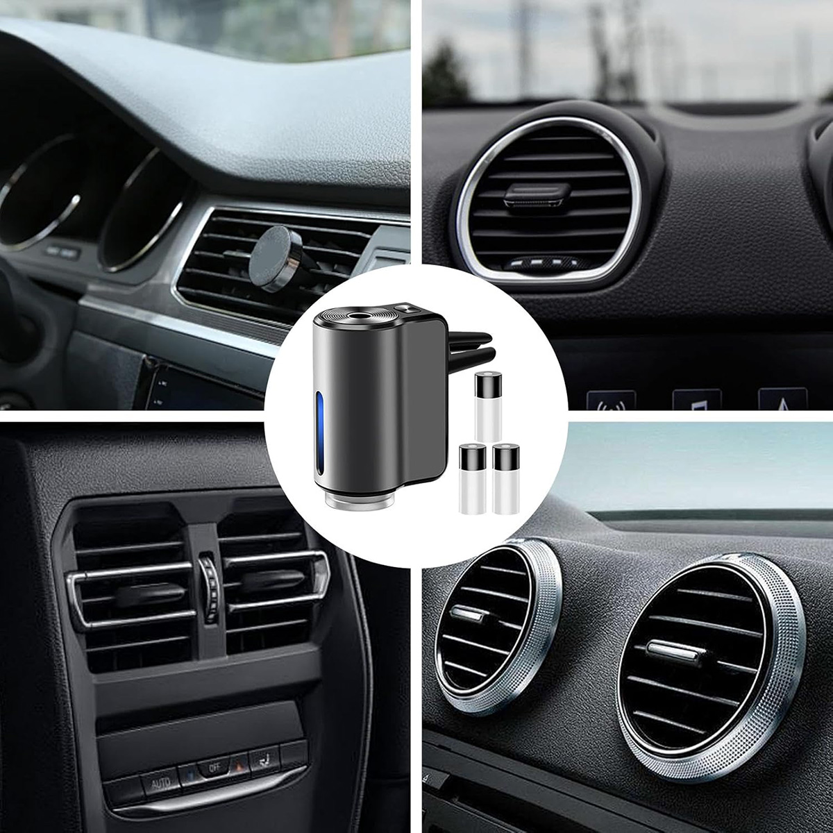 Interior de coche con rejillas de ventilación y un ambientador. El ambientador es negro con una luz azul. Pequeños viales al lado.