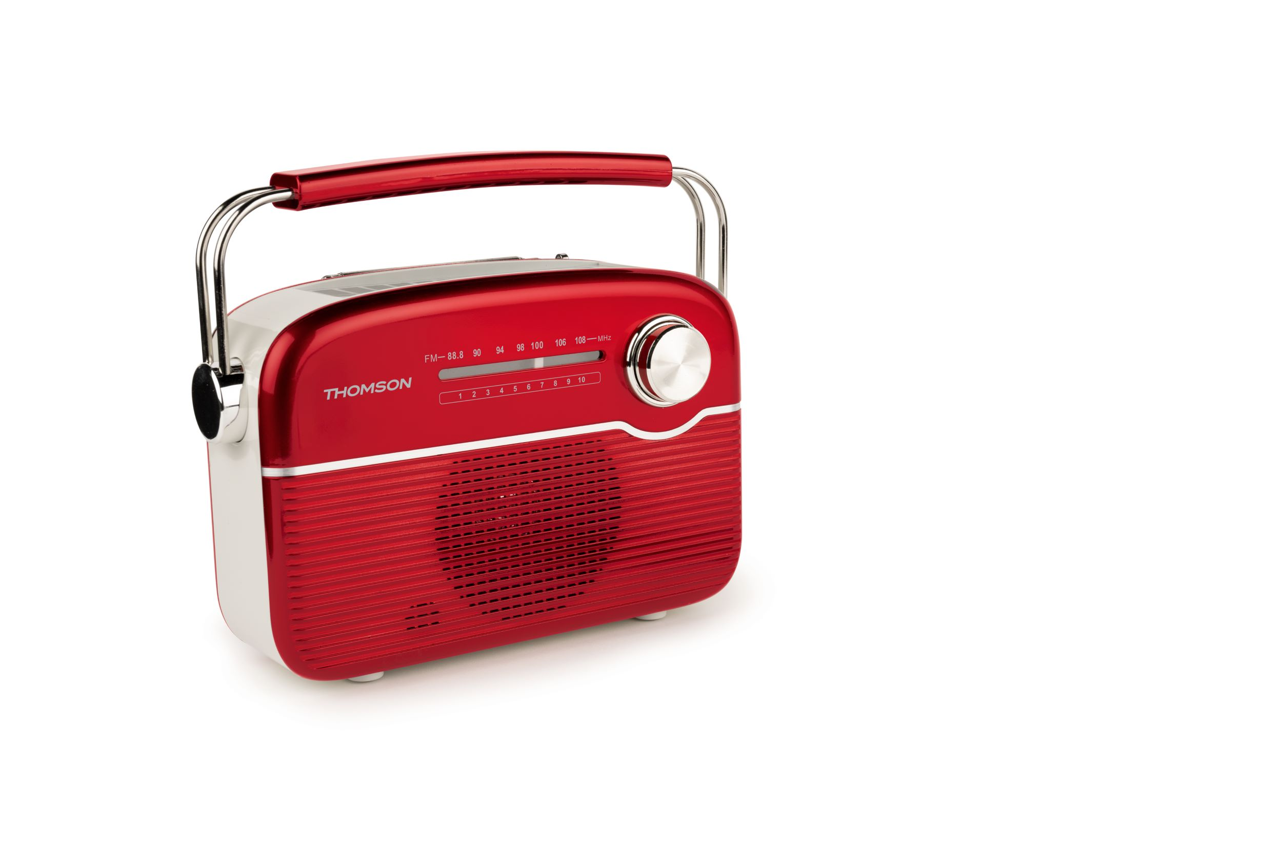 Czerwono-białe radio Thomson z uchwytem. Posiada pokrętło, kratkę głośnika i białe tło.