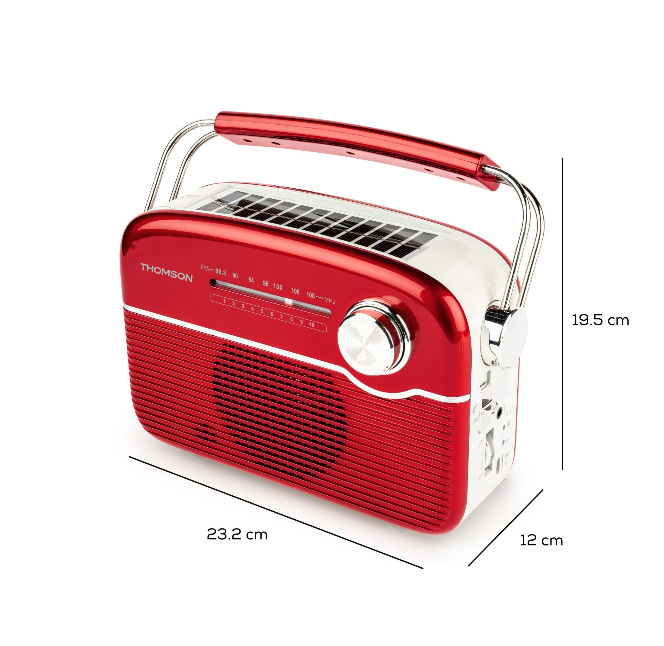 Czerwono-białe radio Thomson z uchwytem. Wymiary: 23,2 x 12 x 19,5 cm. Posiada głośnik i pokrętło strojenia.