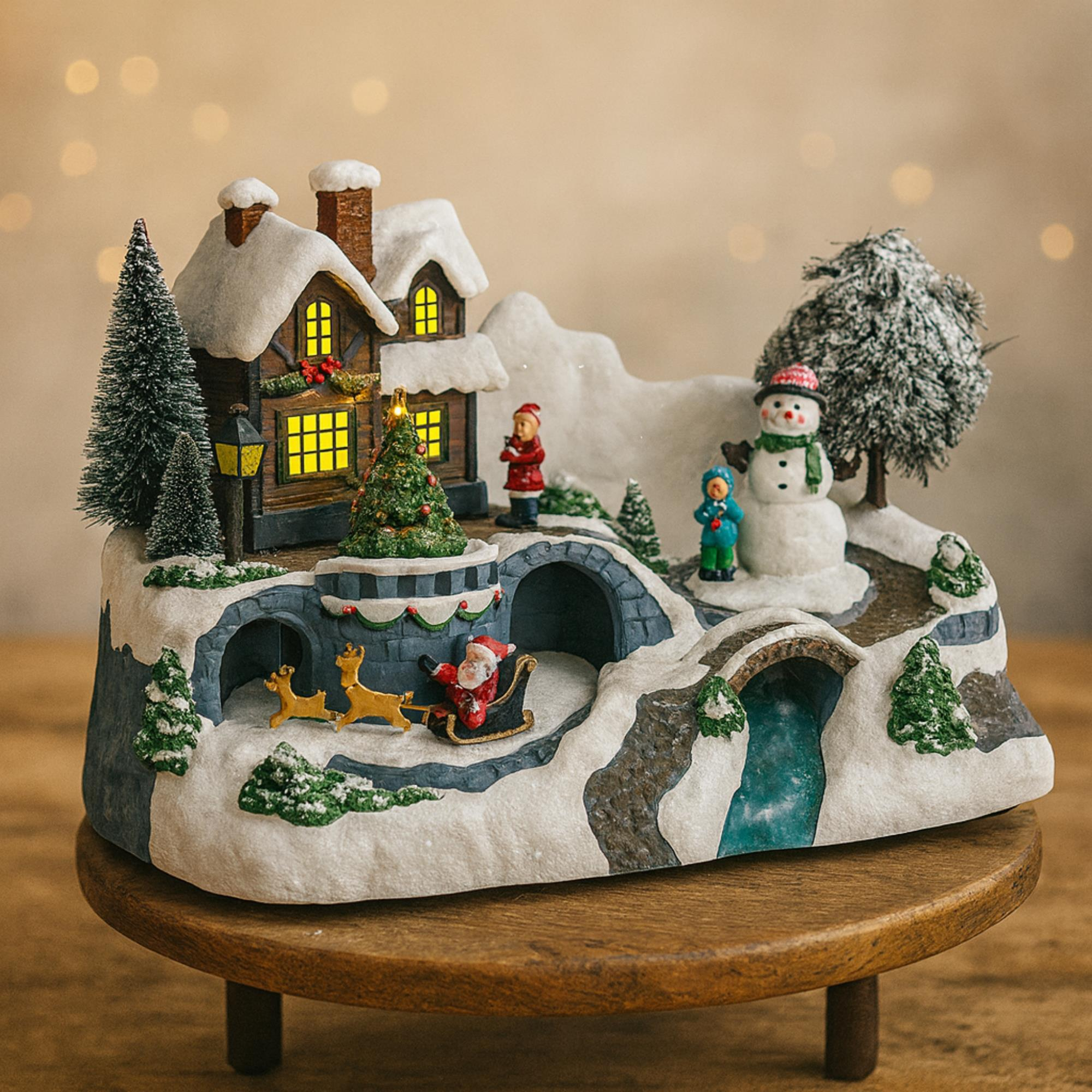 Una escena de un pueblo navideño con Santa en un trineo, casas, un muñeco de nieve, puentes y árboles, todos cubiertos de nieve.