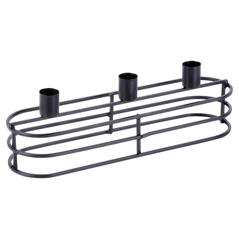 Un portavelas de metal negro con tres soportes en forma de copa y un diseño ovalado similar a una jaula.