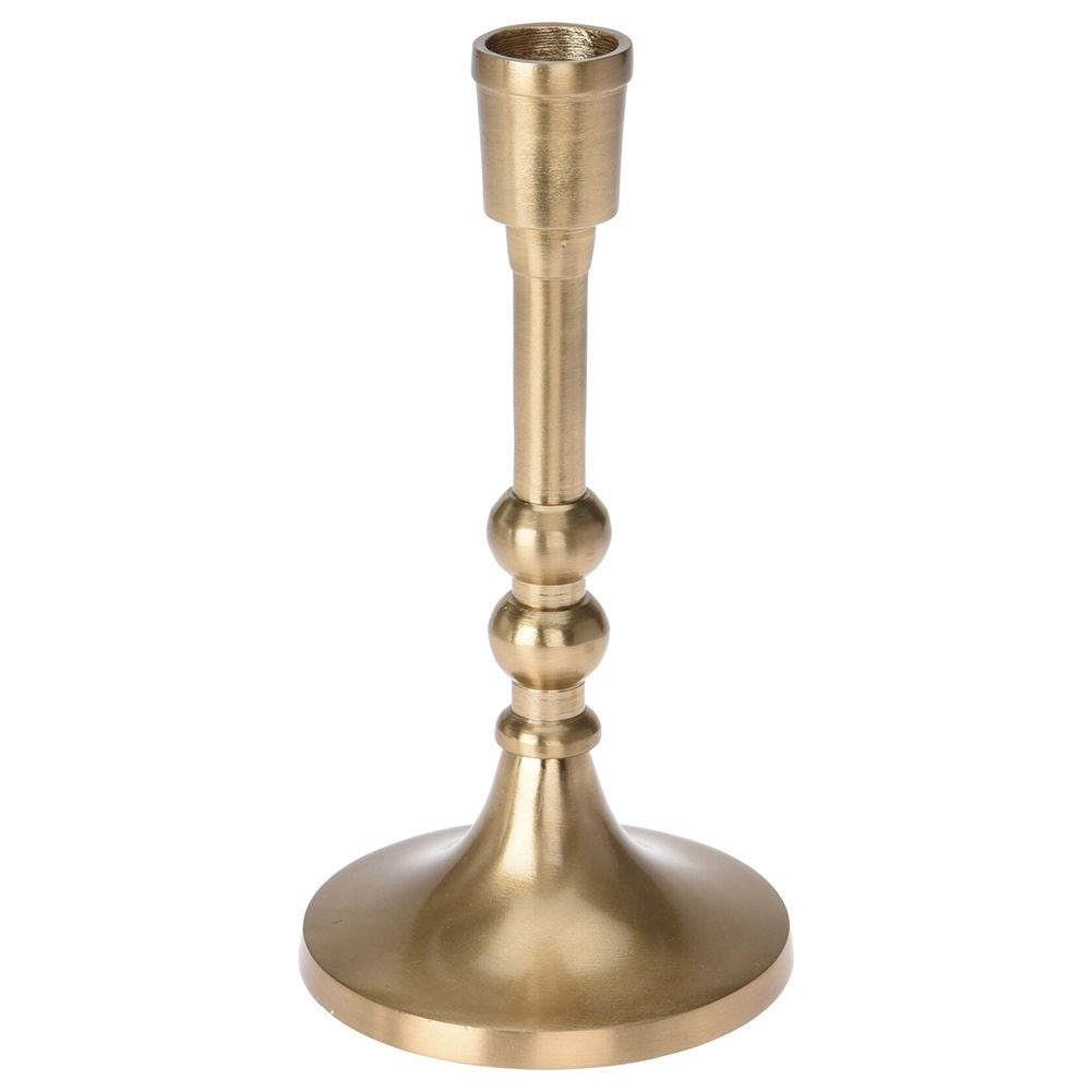 Un candelabro dorado sobre fondo blanco. Tiene base redonda, tallo decorativo y copa en la parte superior.