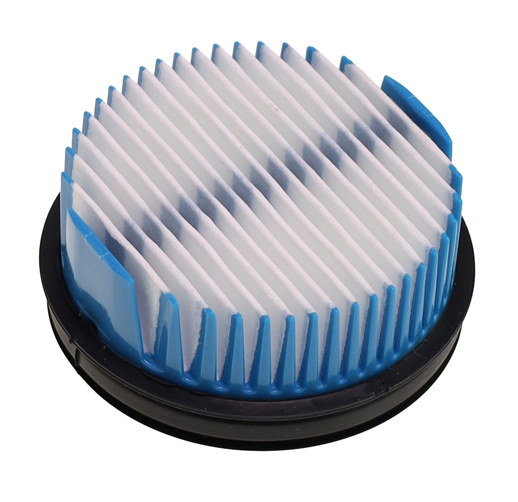 Runder Luftfilter mit weißem, plissiertem Filterpapier und blauem und schwarzem Kunststoffrahmen.