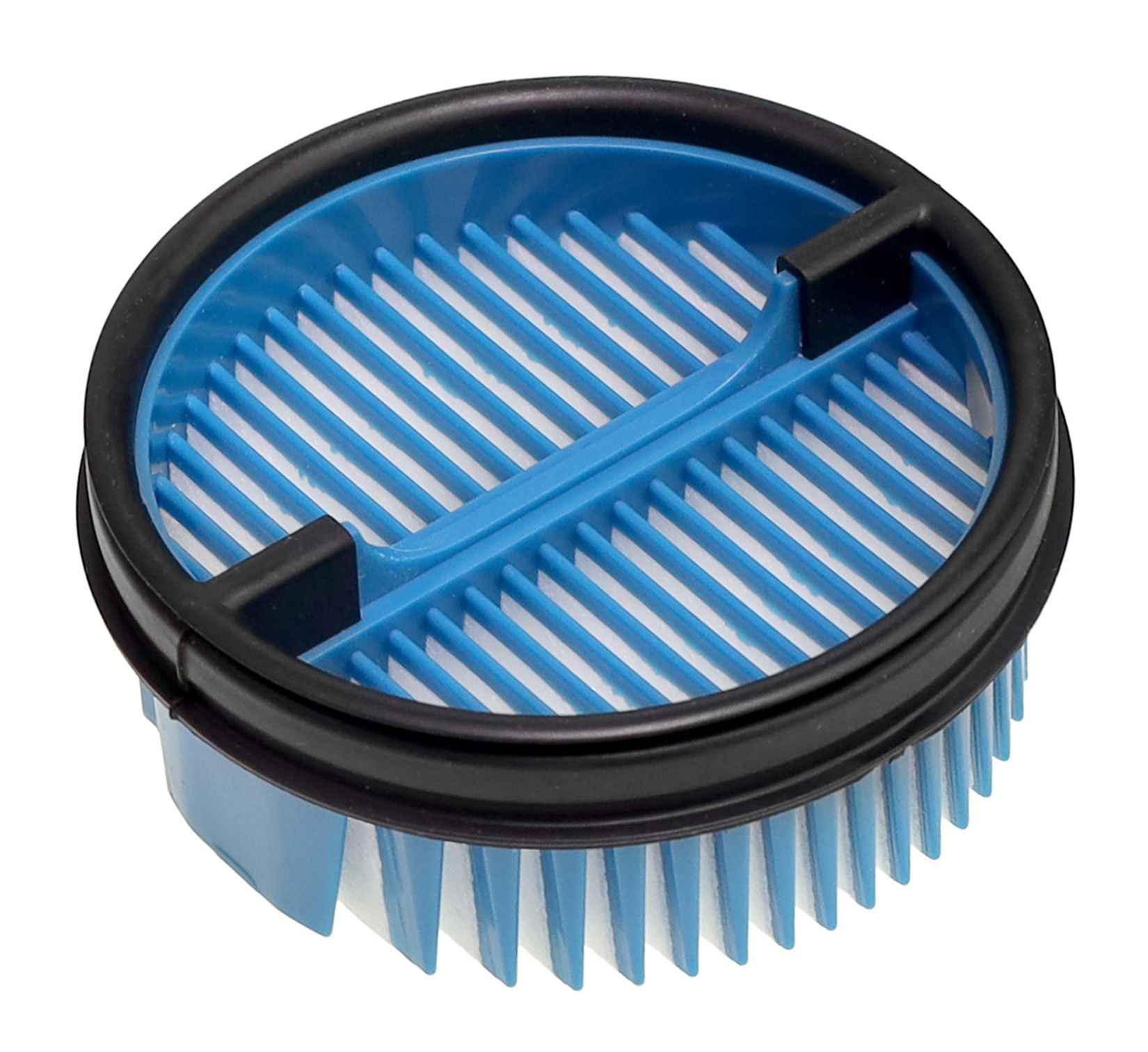 Ein runder blau-schwarzer Luftfilter. Er hat einen blauen Innenteil mit weißen Linien, einen schwarzen Ring und ein blaues Äußeres.