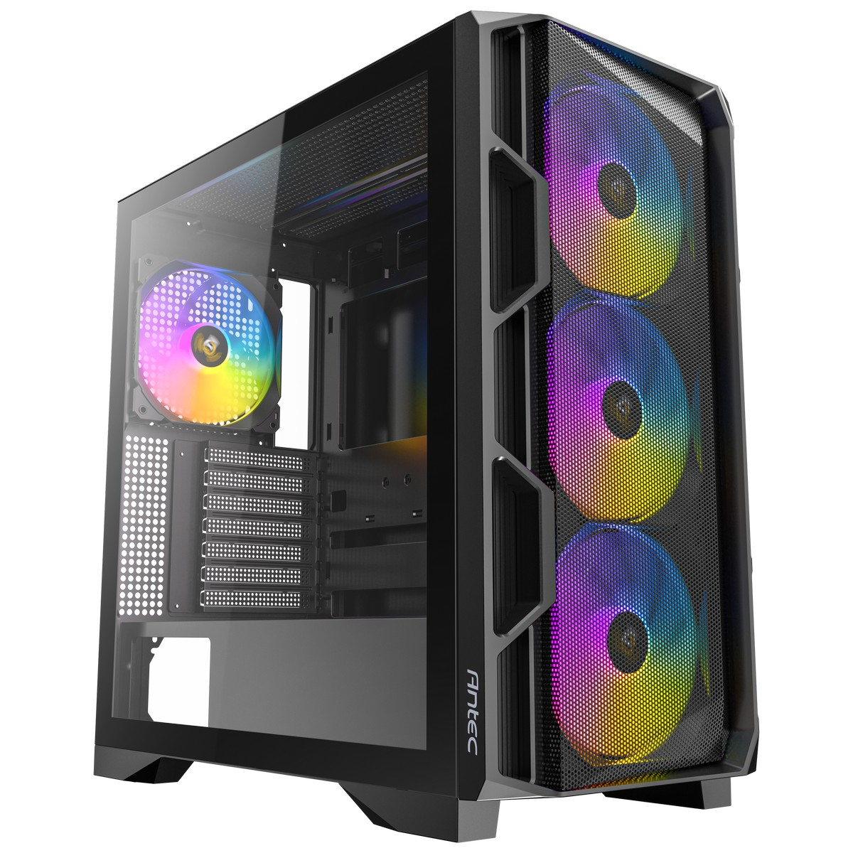 Un case per computer con un pannello laterale in vetro. Ha tre ventole colorate davanti e una all'interno. Il case è nero.