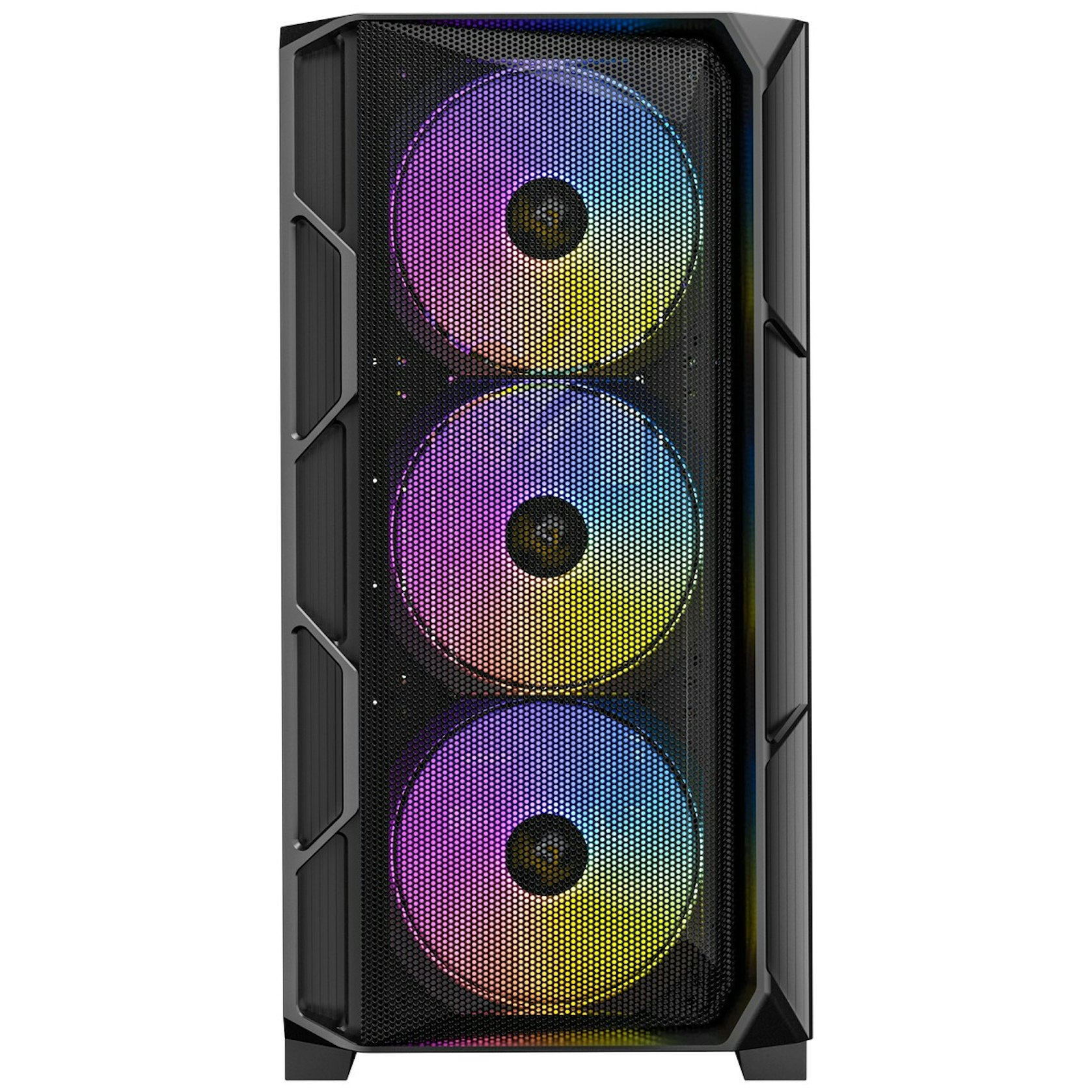 Un case per computer con tre ventole illuminate che visualizzano una sfumatura di colori tra cui viola, giallo e blu.