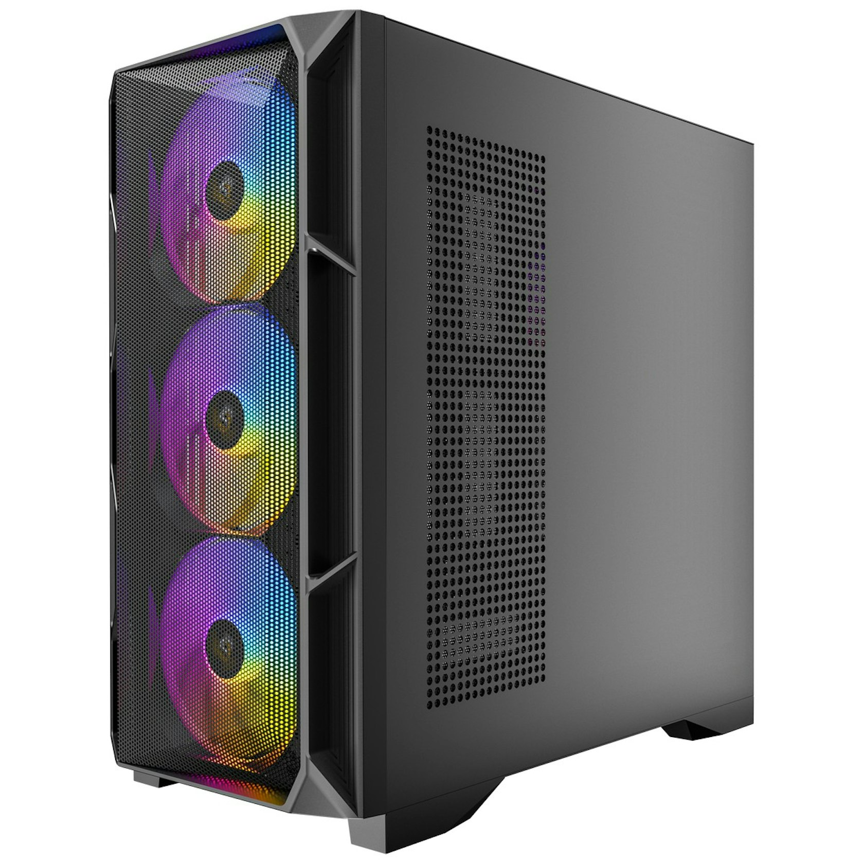 Un case per computer con tre ventole RGB dietro una griglia frontale e un pannello laterale perforato.