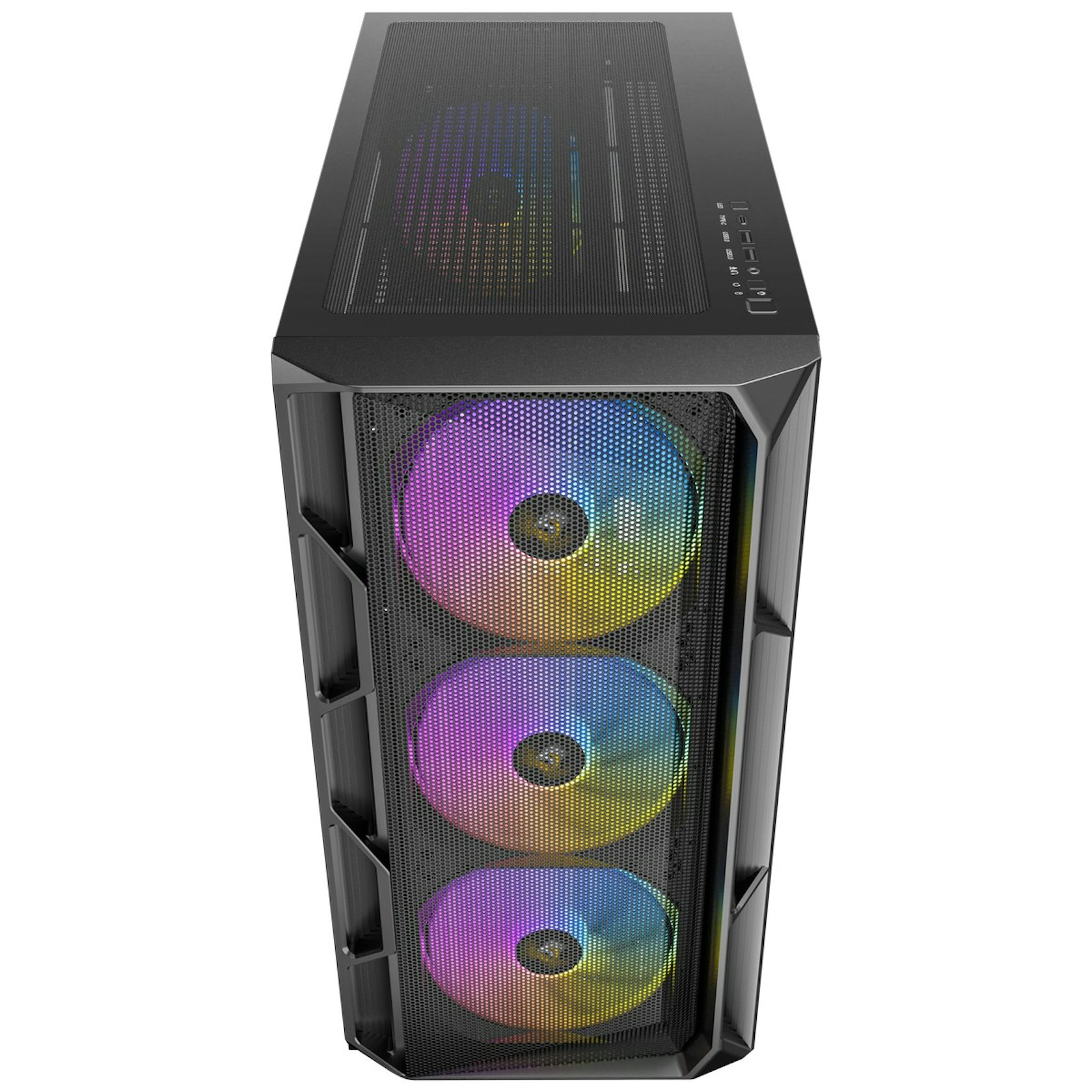 Case per computer nero con tre ventole RGB. Ha una parte anteriore e superiore in rete. Le ventole visualizzano colori arcobaleno.