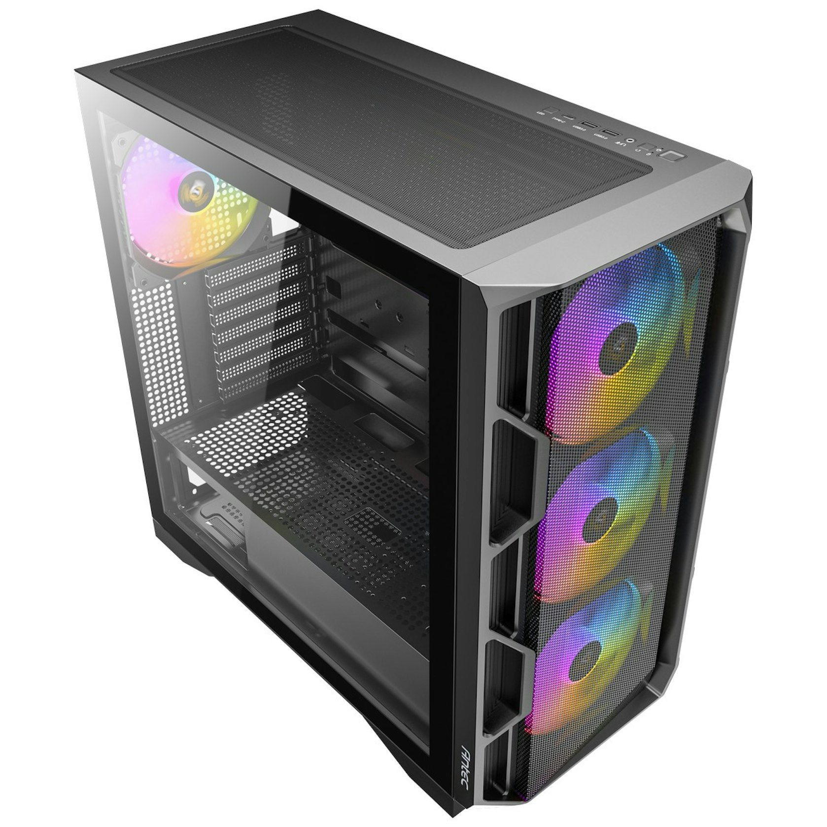 Case per computer con lato in vetro, frontale a rete e ventole arcobaleno. La parte superiore ha un pannello a rete. Accenti neri e grigi.