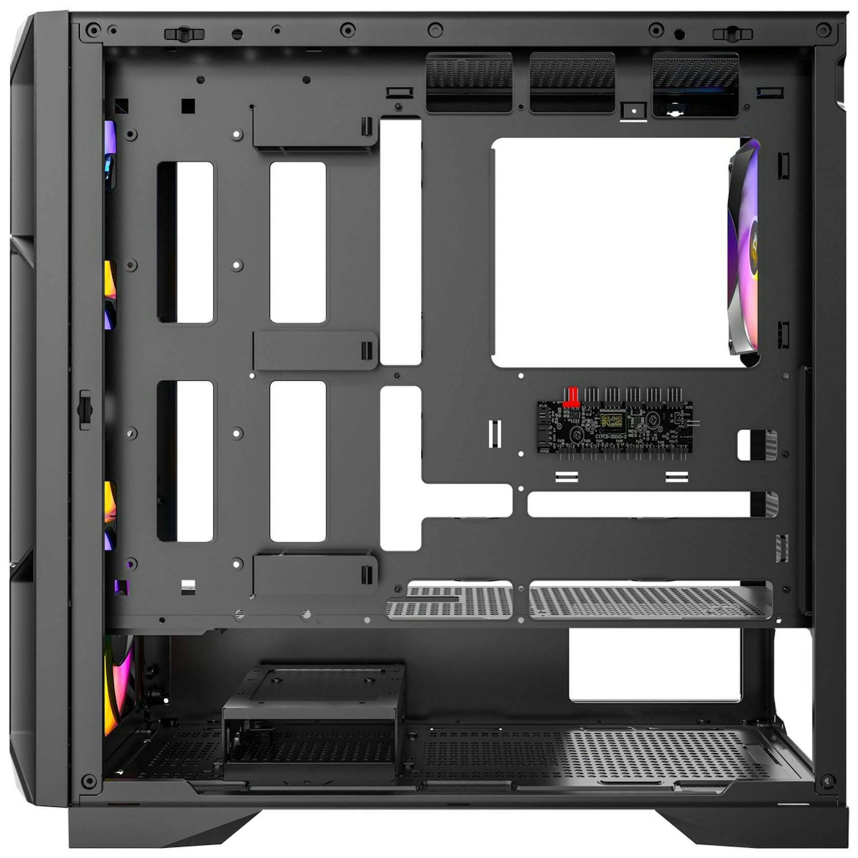 Interno di un case per computer aperto. Telaio in metallo nero con aperture. Include una ventola e un circuito stampato.