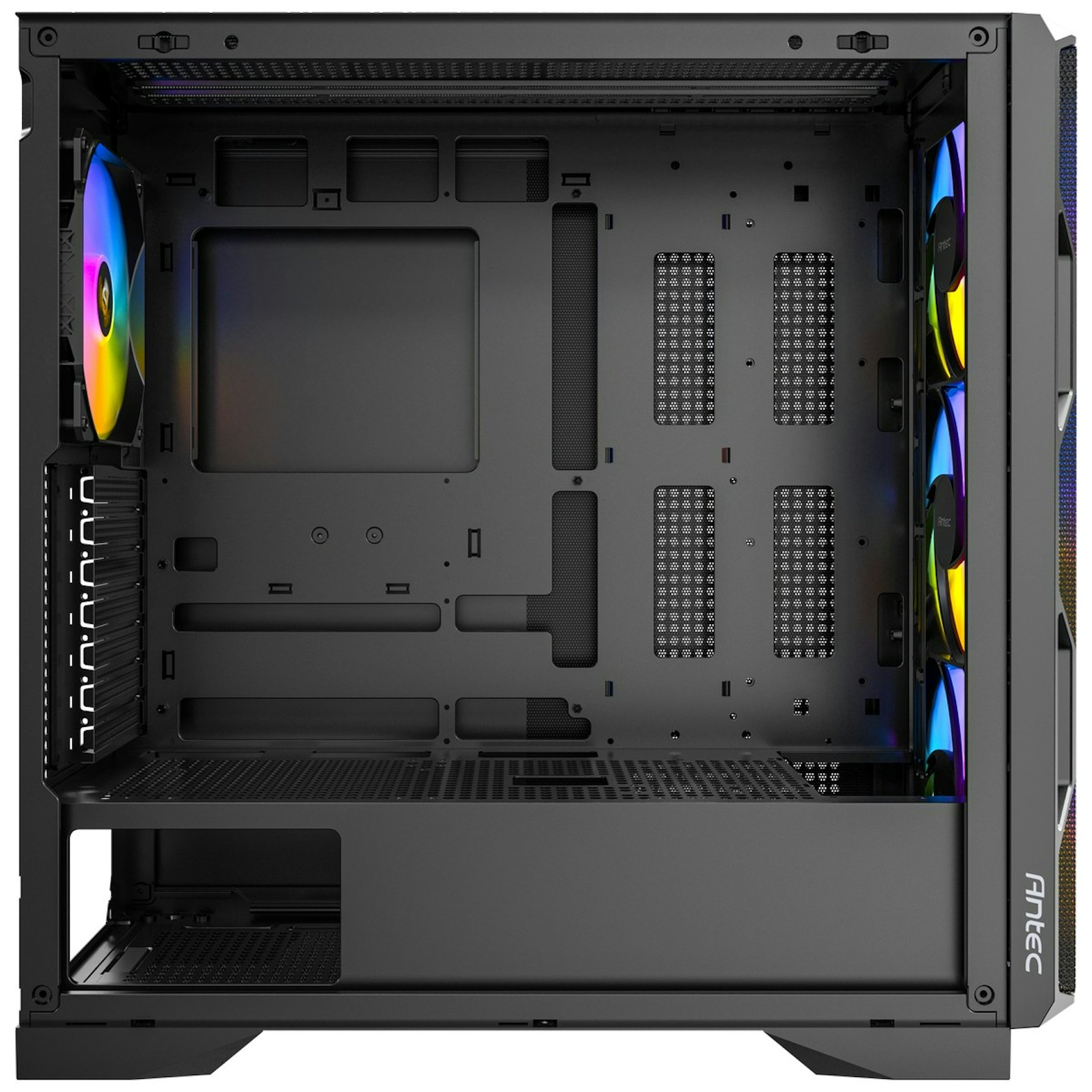 Interno di un case per computer nero con ventole. Ha più scomparti e punti di montaggio. Logo Antec visibile.