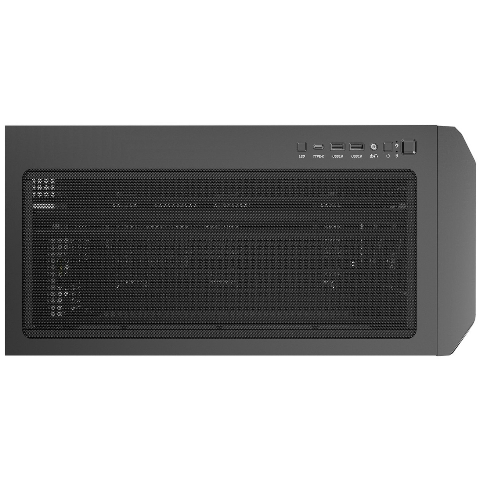 Un case per computer grigio scuro. Ha un pannello frontale a rete e varie porte e pulsanti sulla parte superiore.