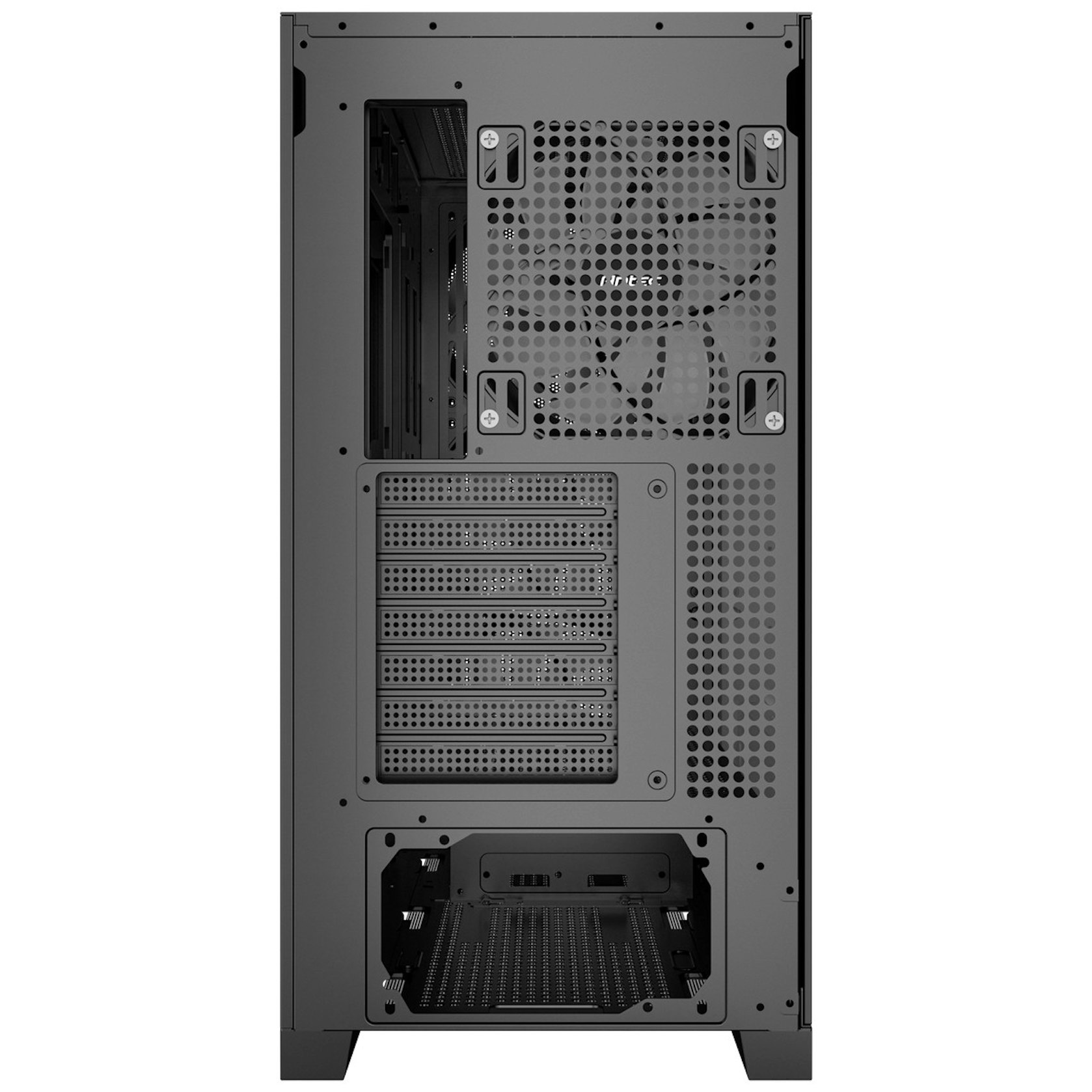 Un case per computer nero, vista posteriore. Presenta diverse aperture e una ventola. Il logo Antec è visibile.