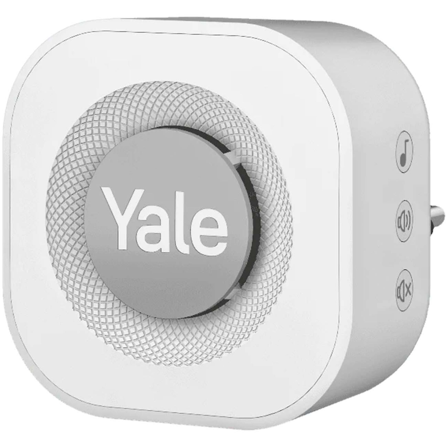 Macchina del suono Yale bianca. Ha un altoparlante, pulsanti e una spina. Il logo Yale è visibile.