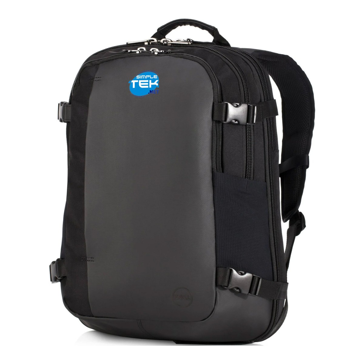 Zaino nero con più scomparti, fibbie e maniglia superiore. Ha un logo Simple Tek blu e un logo Dell.