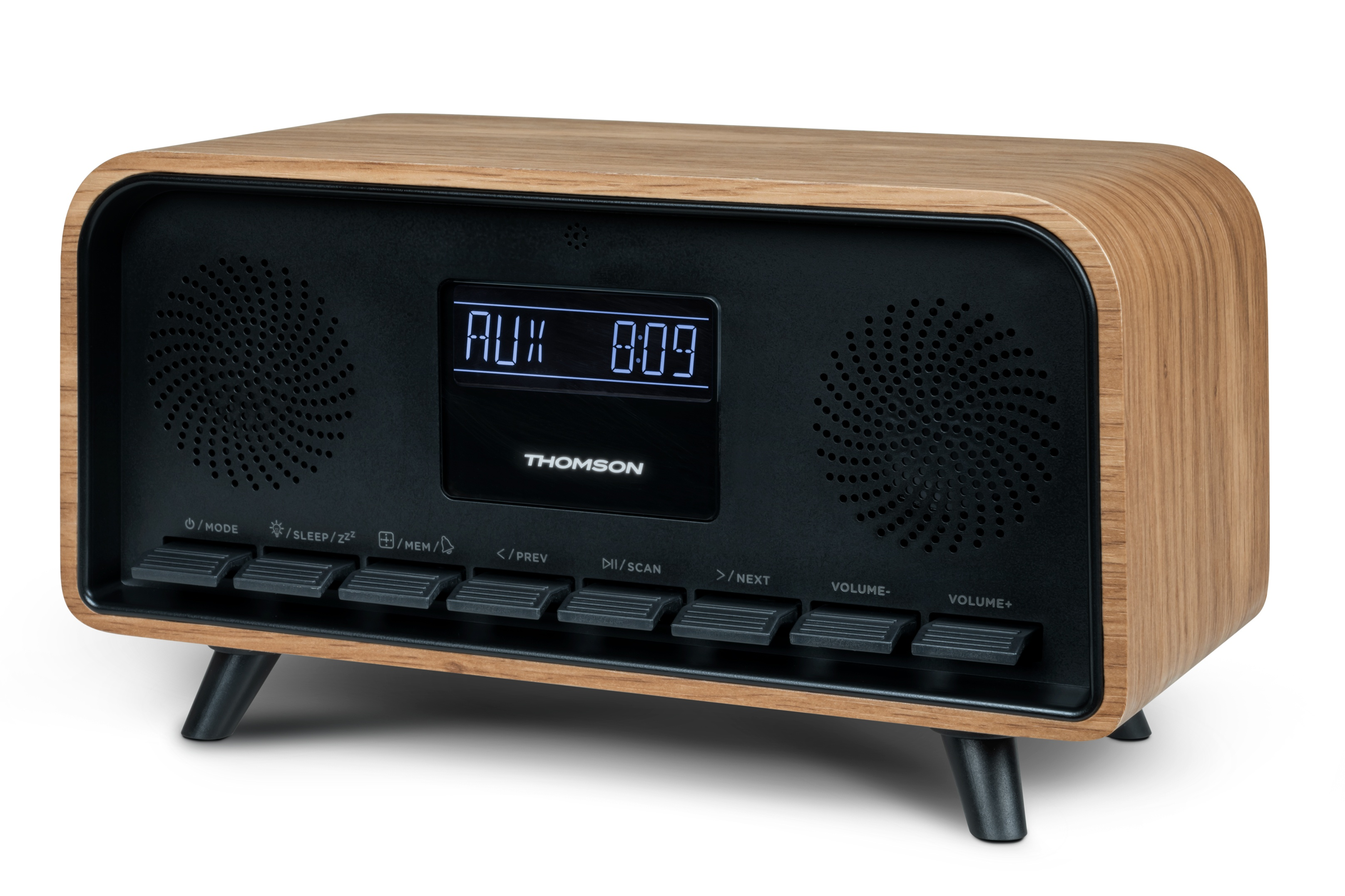 A wooden radio with a black front panel. It has a digital display showing 'AUX 8:09' and buttons.