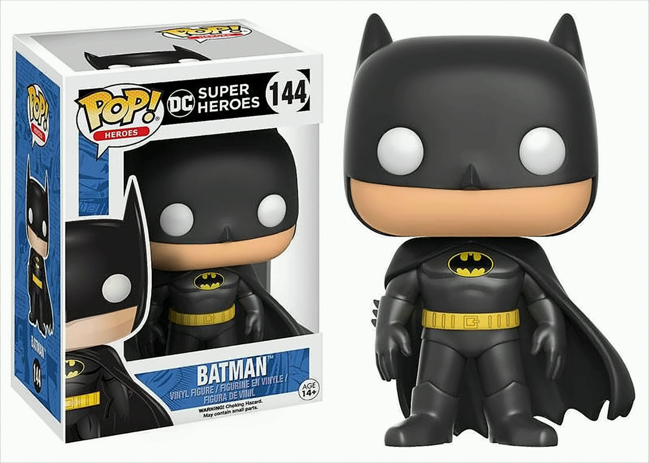 Figurka Batmana Funko Pop. Jest czarna z brązową twarzą i żółtym paskiem. Figurka stoi obok pudełka.