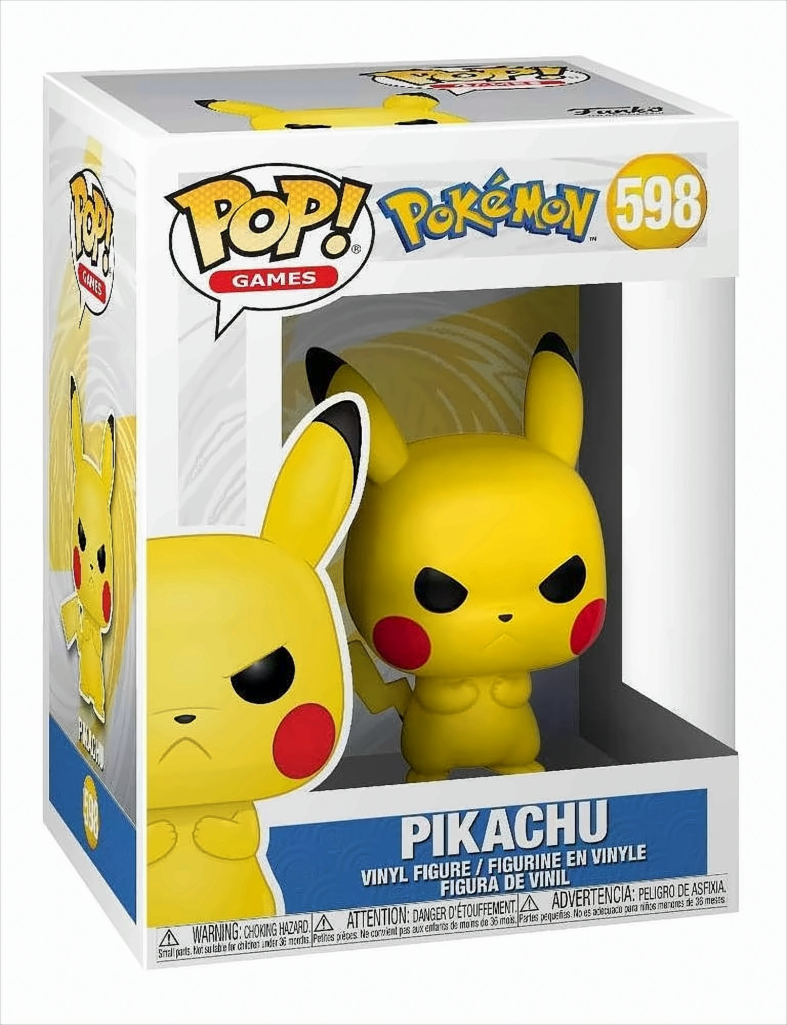 Una figura Funko Pop di Pikachu in una scatola. La figura è gialla con occhi e orecchie neri e guance rosse. La scatola dice Pikachu.