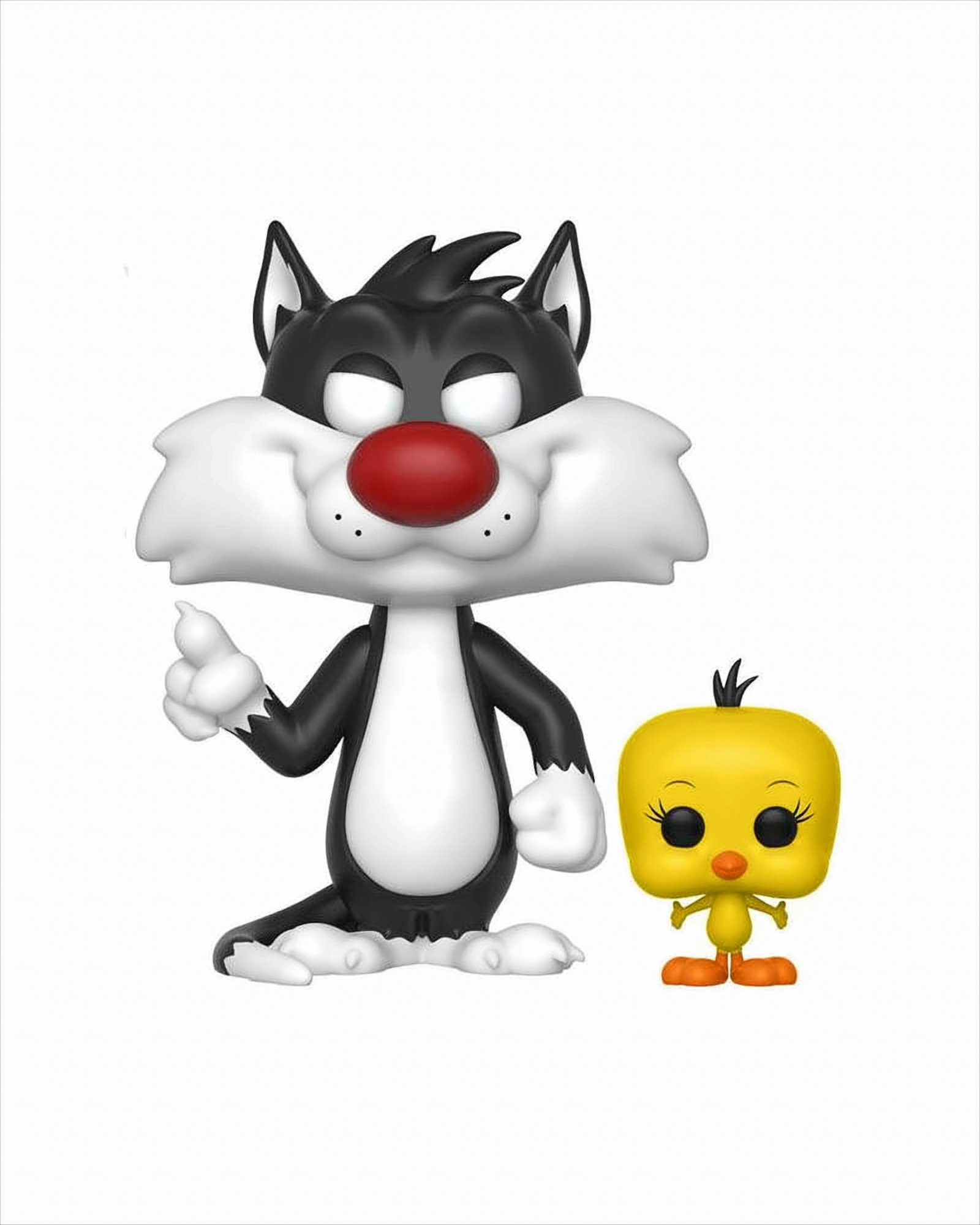 Personaggi di Silvestro il gatto e Titti. Silvestro è bianco e nero, Titti è giallo. Si trovano su sfondo bianco.