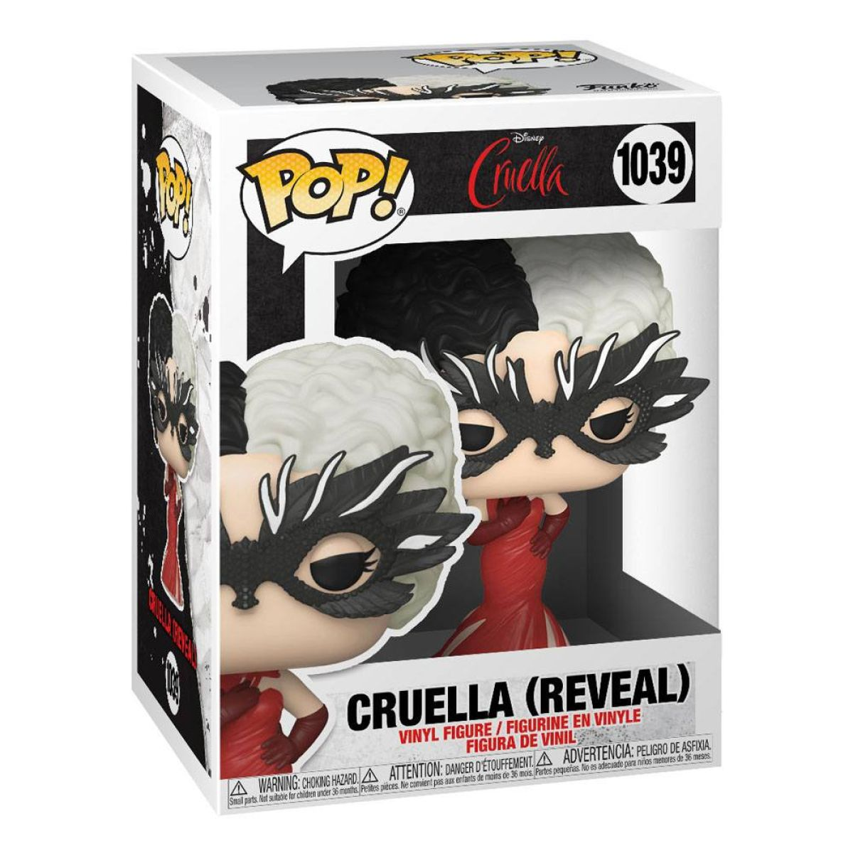 Verpackte Funko Pop Figur von Cruella De Vil. Die Figur hat schwarz-weißes Haar, eine schwarze Maske und ein rotes Kleid. Die Box hat ein Disney-Logo.