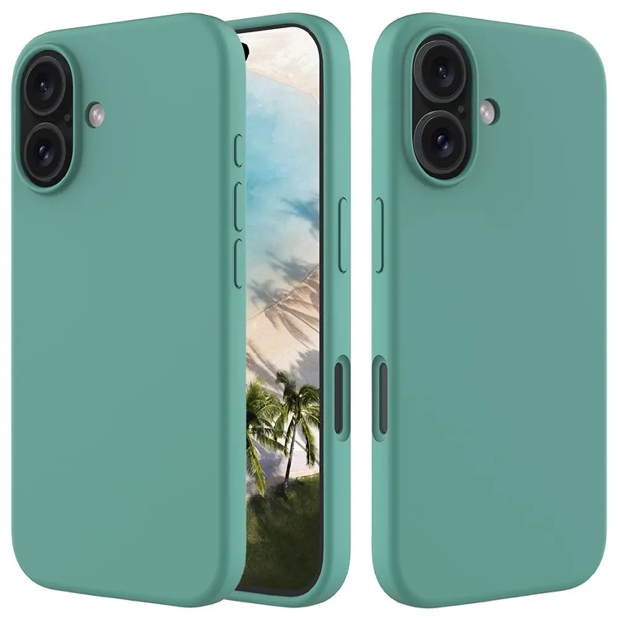 Trois coques de téléphone bleu-vert. Une avec scène de plage, deux autres avec objectifs d'appareil photo. Toutes ont des boutons latéraux.