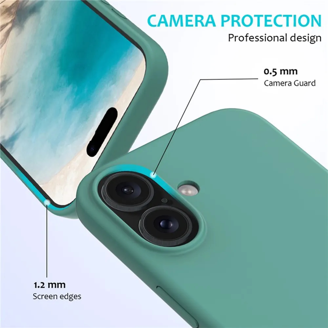 Une coque de téléphone verte avec des détails d'écran et de caméra. Le texte en haut indique la protection de la caméra. Les dimensions sont données pour l'écran et la caméra.