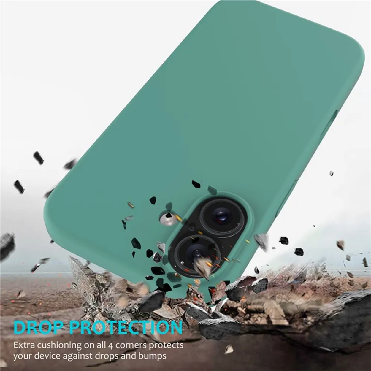Une coque de téléphone vert d'eau est montrée avec un effet de sol fissuré. Le texte dit 'DROP PROTECTION' avec une explication en dessous.