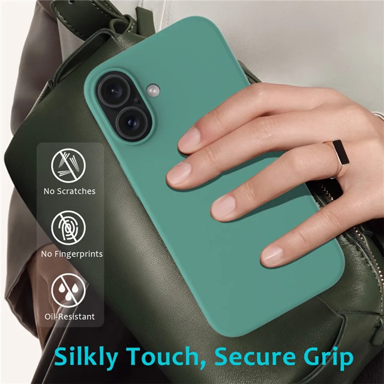Main tenant une coque de téléphone vert-bleu avec découpes pour appareil photo. Texte : Silky Touch, Secure Grip. Caractéristiques : sans rayures, résistant à l'huile.