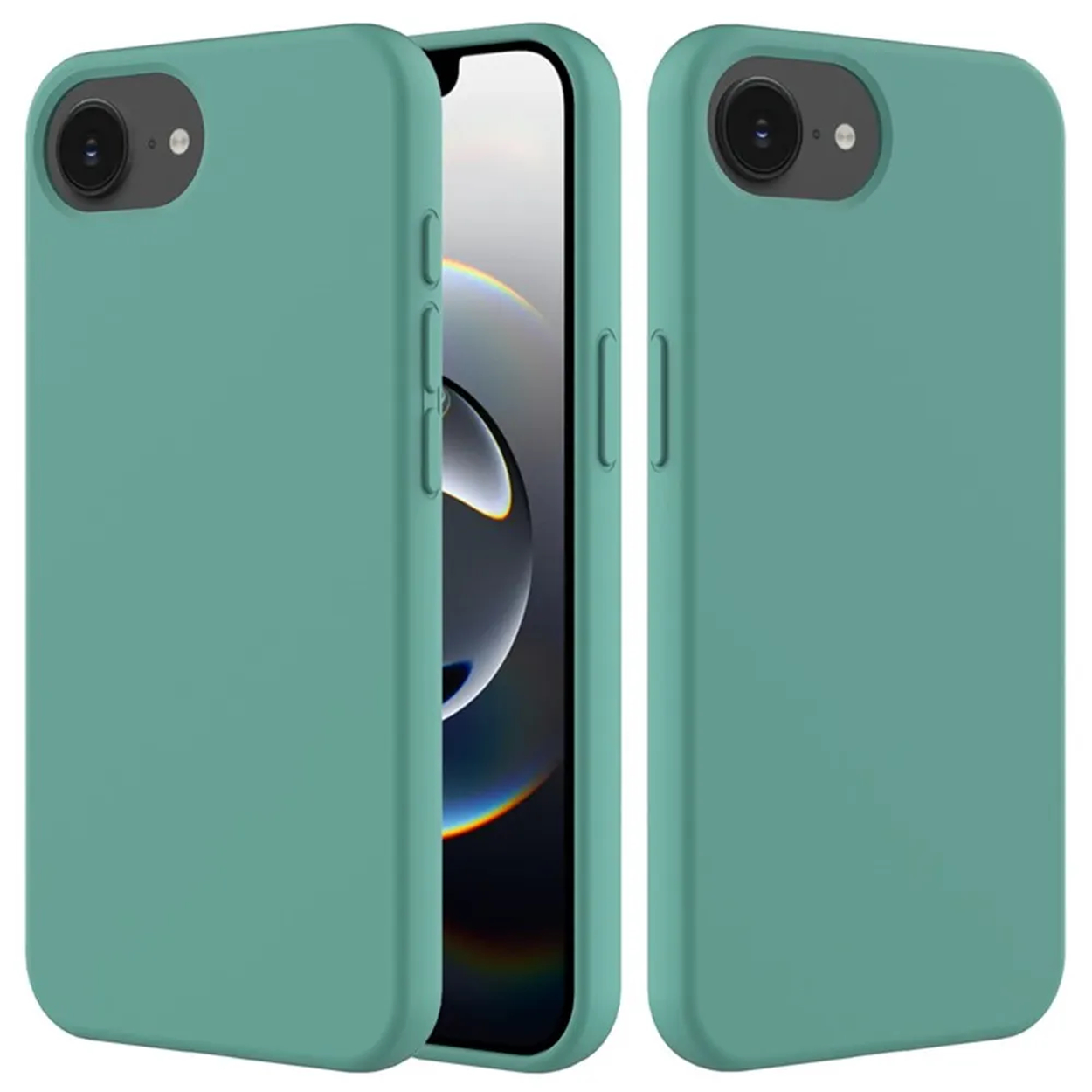 Drie teal telefoonhoesjes. Eén open, onthult een telefoonscherm. De hoesjes hebben een cameralens en volumeknoppen.