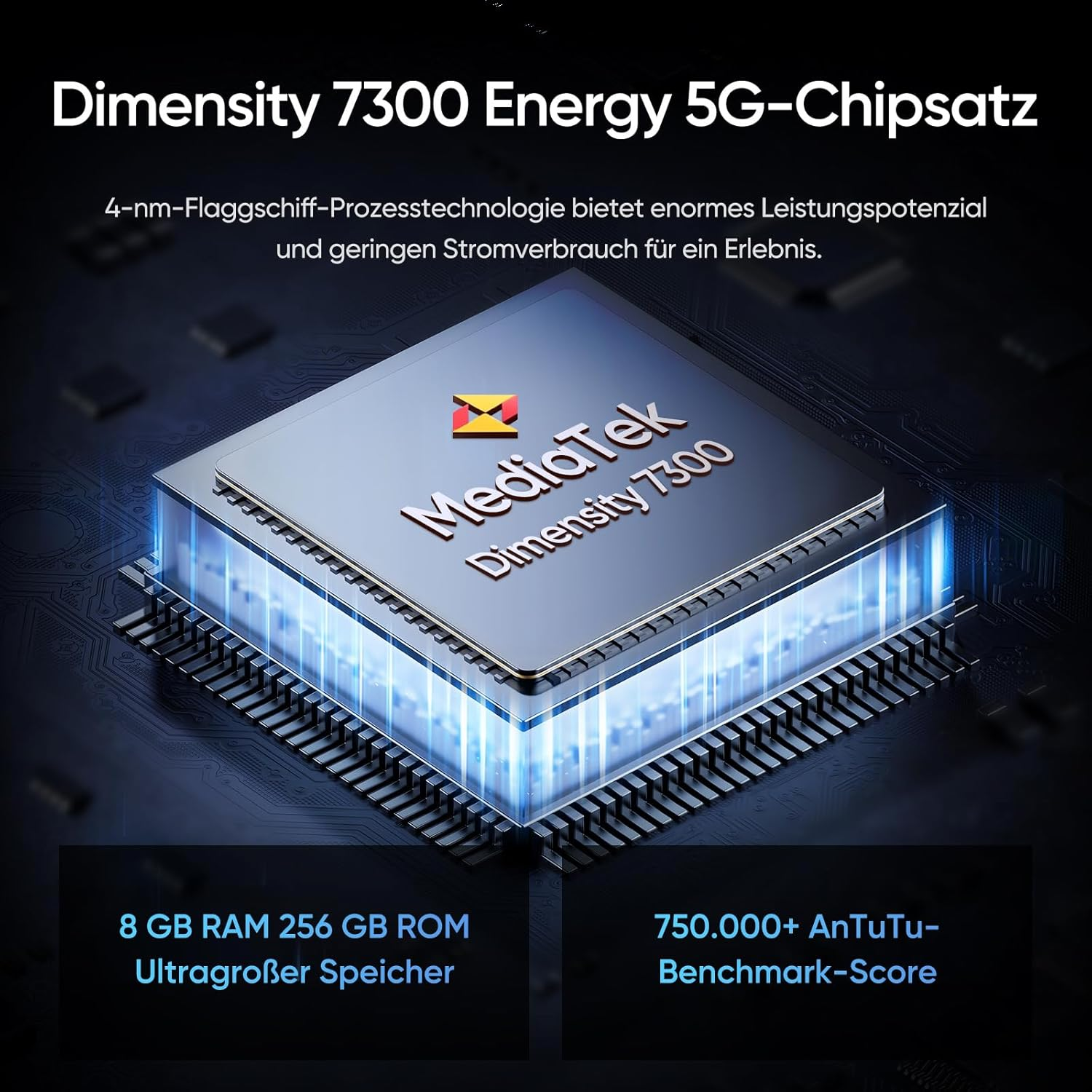 Grafik zeigt Dimensity 7300 Chip. Text hebt hervor: 8GB RAM, 256GB ROM und 750.000+ AnTuTu Benchmark-Score.