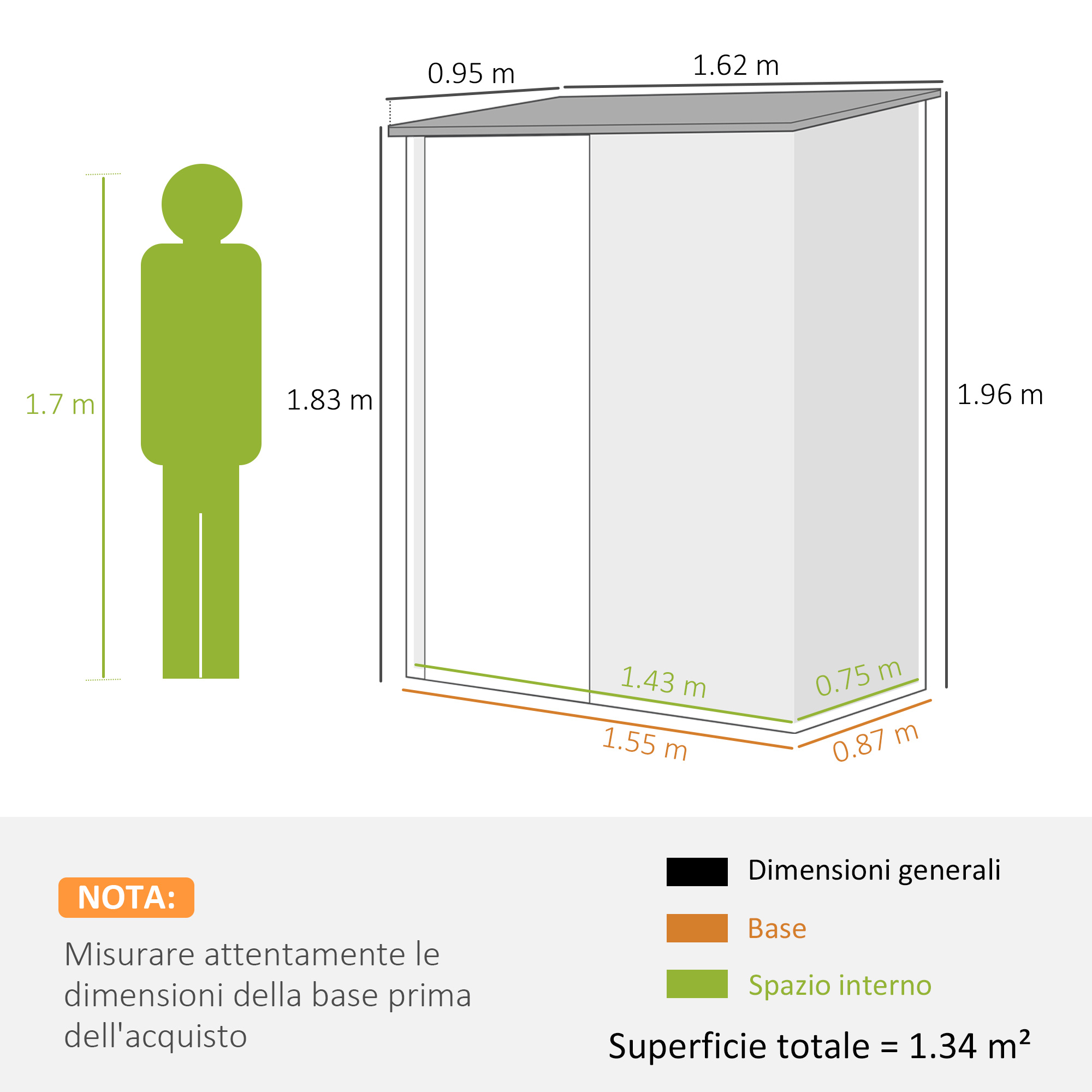 Diagramma di una struttura con dimensioni. Include un'icona di persona verde ed etichette in italiano.