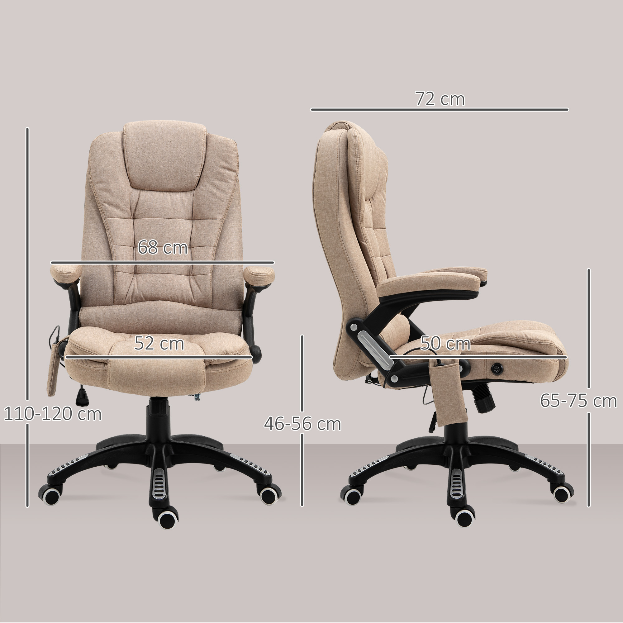 Una sedia da ufficio beige con misure etichettate. Ha schienale alto, braccioli, base a cinque stelle e ruote. Lo sfondo è semplice.