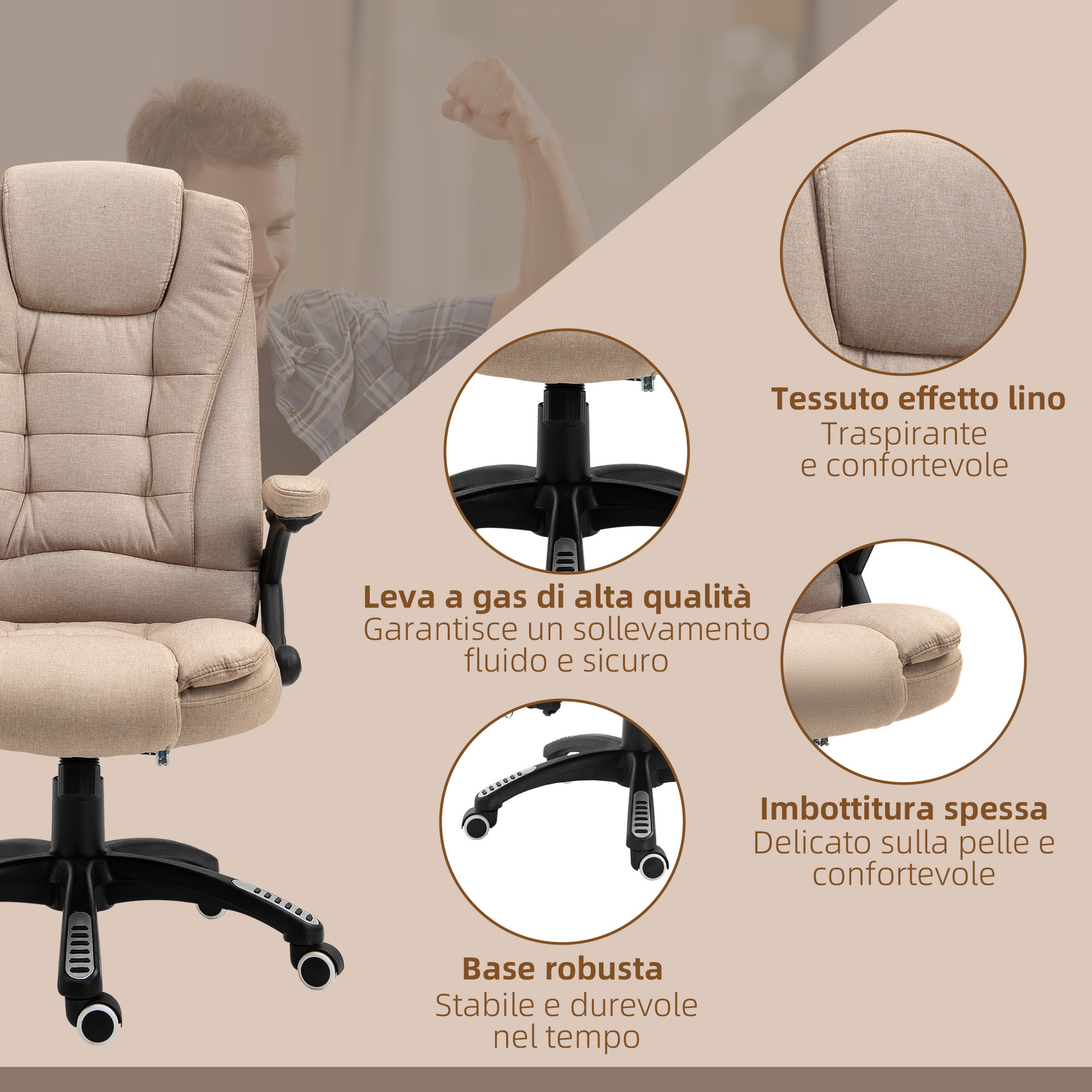 Sedia da ufficio beige con silhouette di uomo sullo sfondo. La sedia ha più caratteristiche evidenziate.