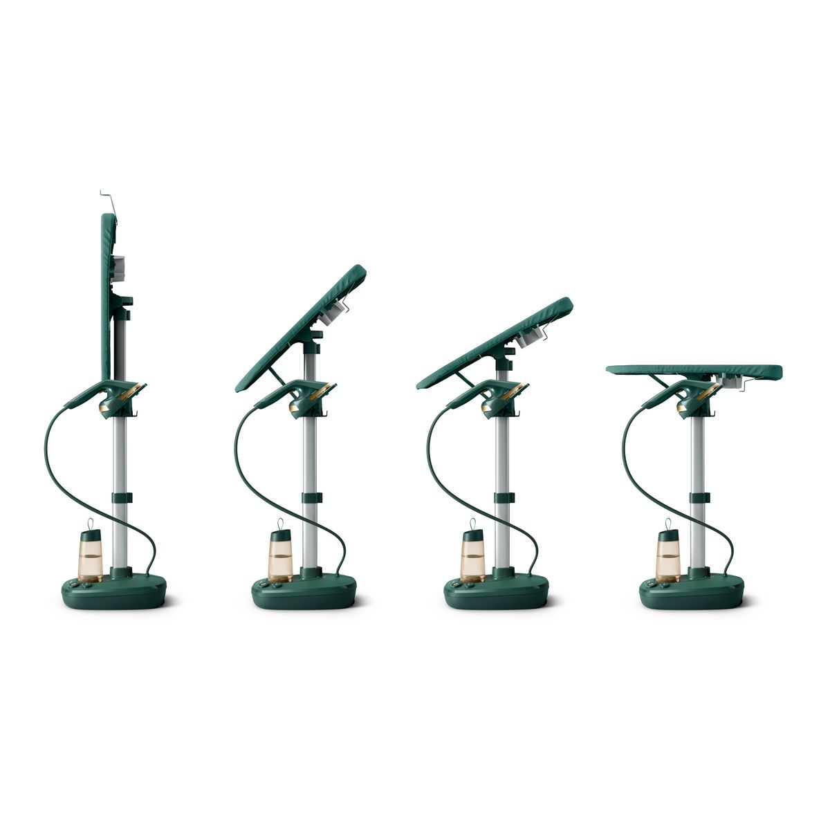 Cztery zielone parownice do odzieży z regulowanymi głowicami. Każda ma podstawę, słup i wąż z dyszą. Tło jest białe.