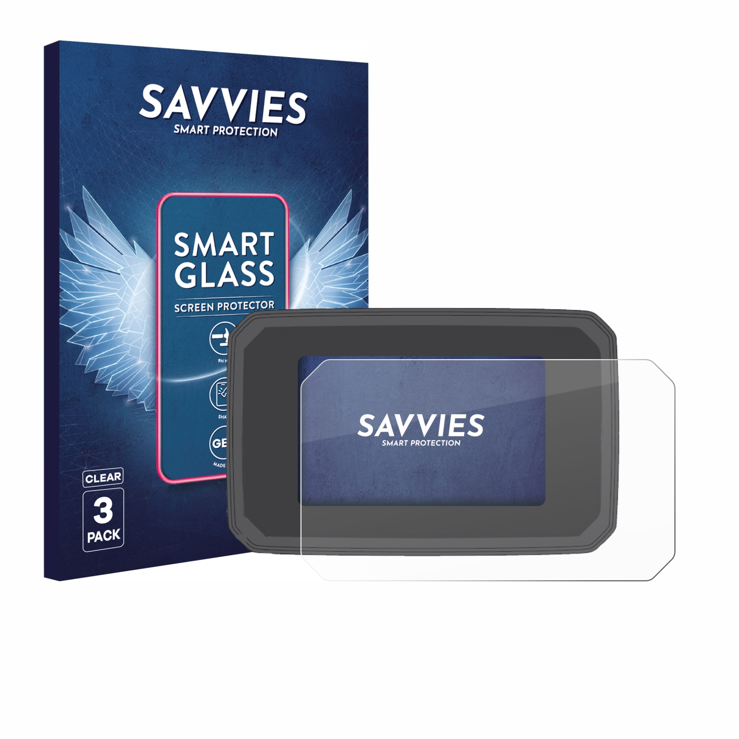 Schachtel mit Displayschutzfolien. Die Schachtel ist blau, die Displayschutzfolie ist transparent. Darauf steht der Markenname SAVVIES.