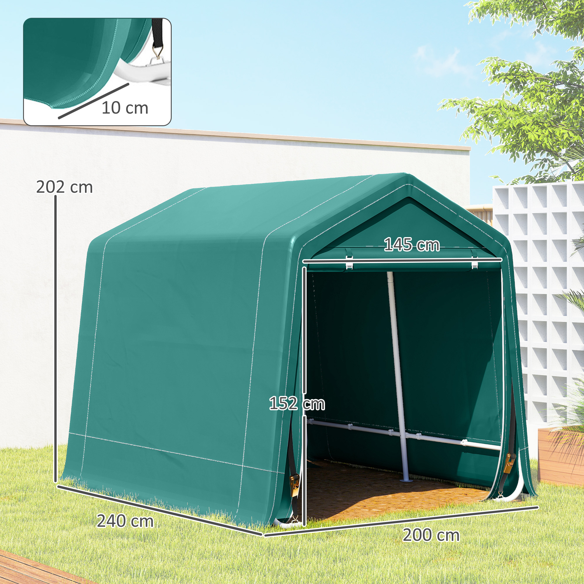 Struttura tenda verde su erba. Dimensioni etichettate. Muro bianco e cielo blu sullo sfondo.