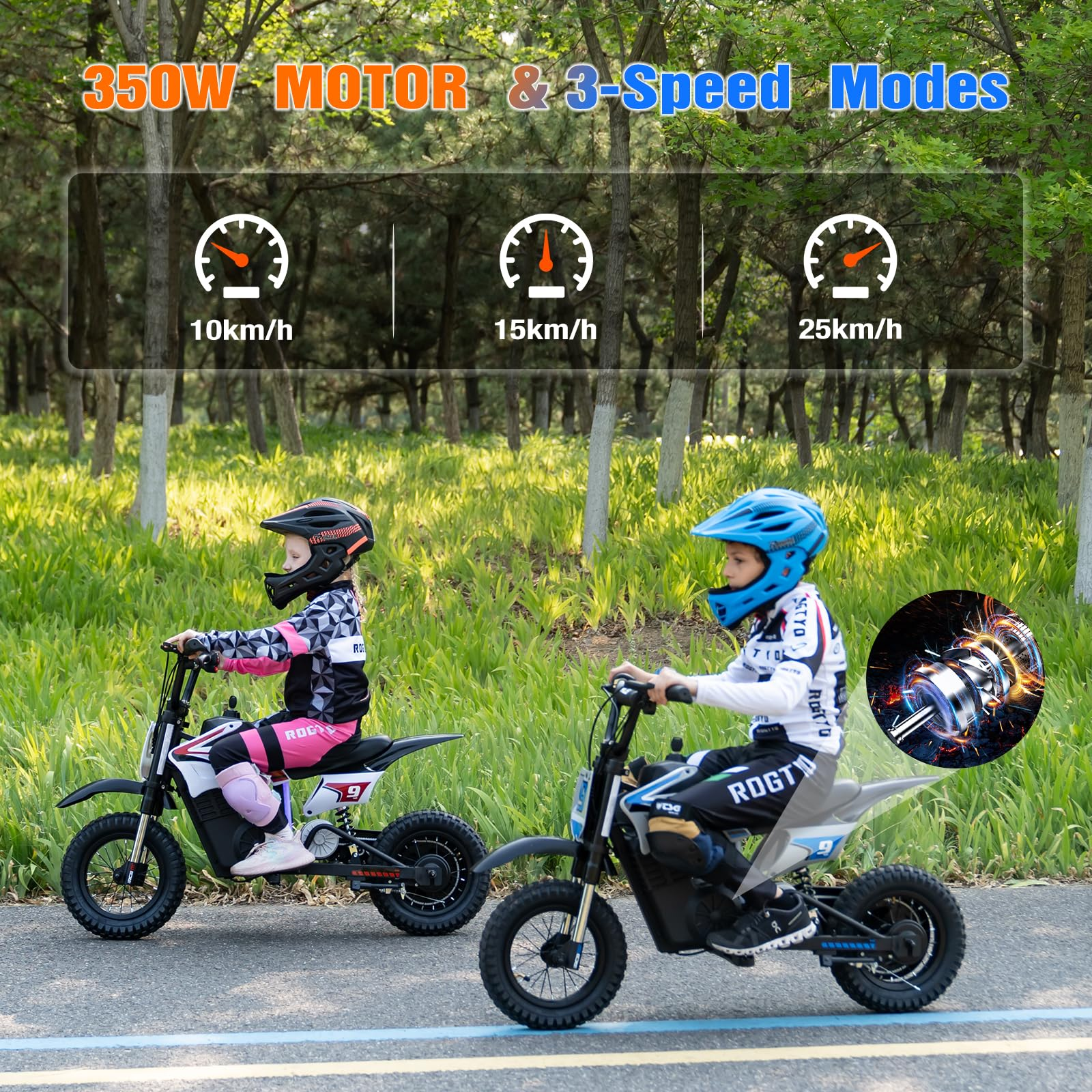 Dwoje dzieci jeździ na elektrycznych motocyklach terenowych po drodze. Wyświetlane są tryby prędkości: 10, 15 i 25 km/h. W tle drzewa.