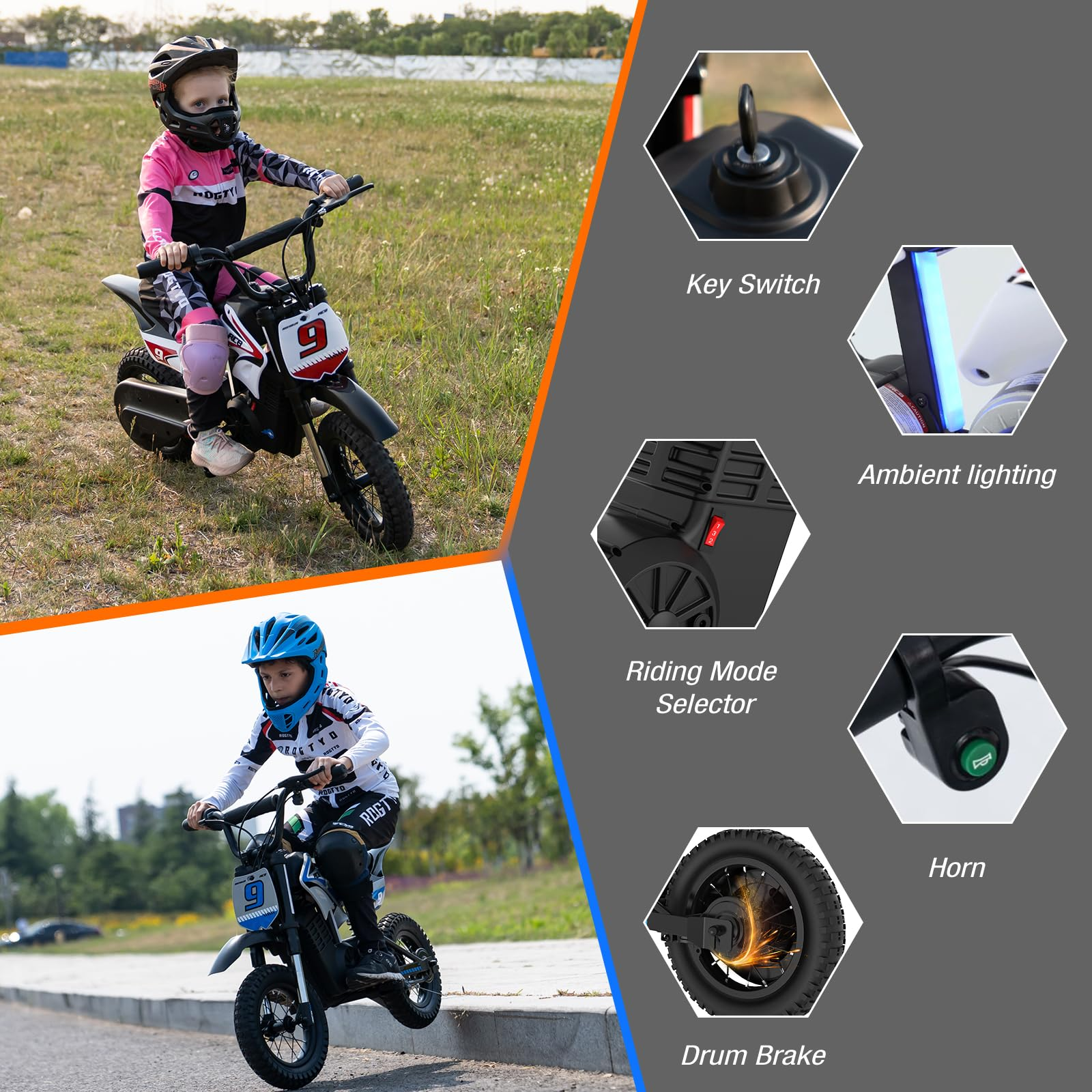 Dwoje dzieci na motocyklach zabawkowych. Zawiera włącznik, oświetlenie otoczenia, selektor trybu jazdy, klakson i hamulec bębnowy.