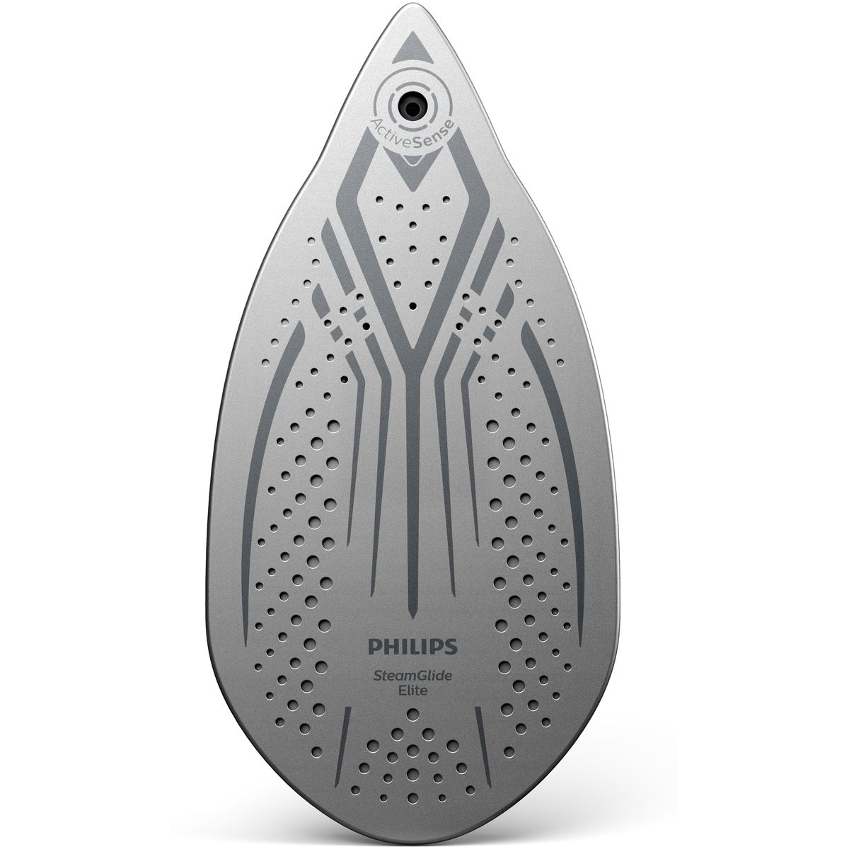 Nahaufnahme eines silbernen Bügeleisens mit dreieckiger Spitze, beschriftet mit 'ActiveSense' und dem Philips SteamGlide Elite Logo.