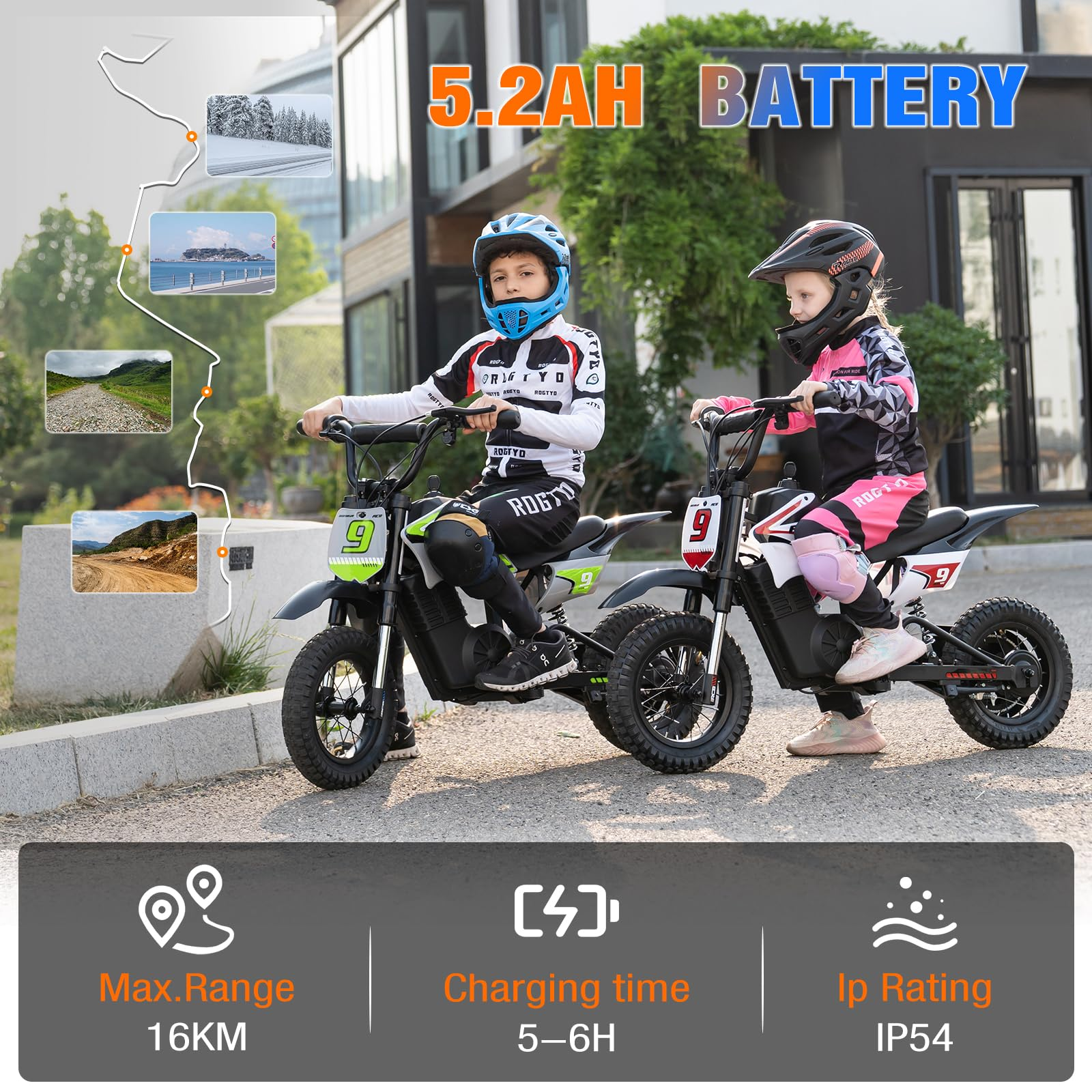 Dwoje dzieci na motocyklach zabawkowych. Chłopiec w niebieskim, dziewczynka w różowym. Informacje o zasięgu, ładowaniu i stopniu IP.