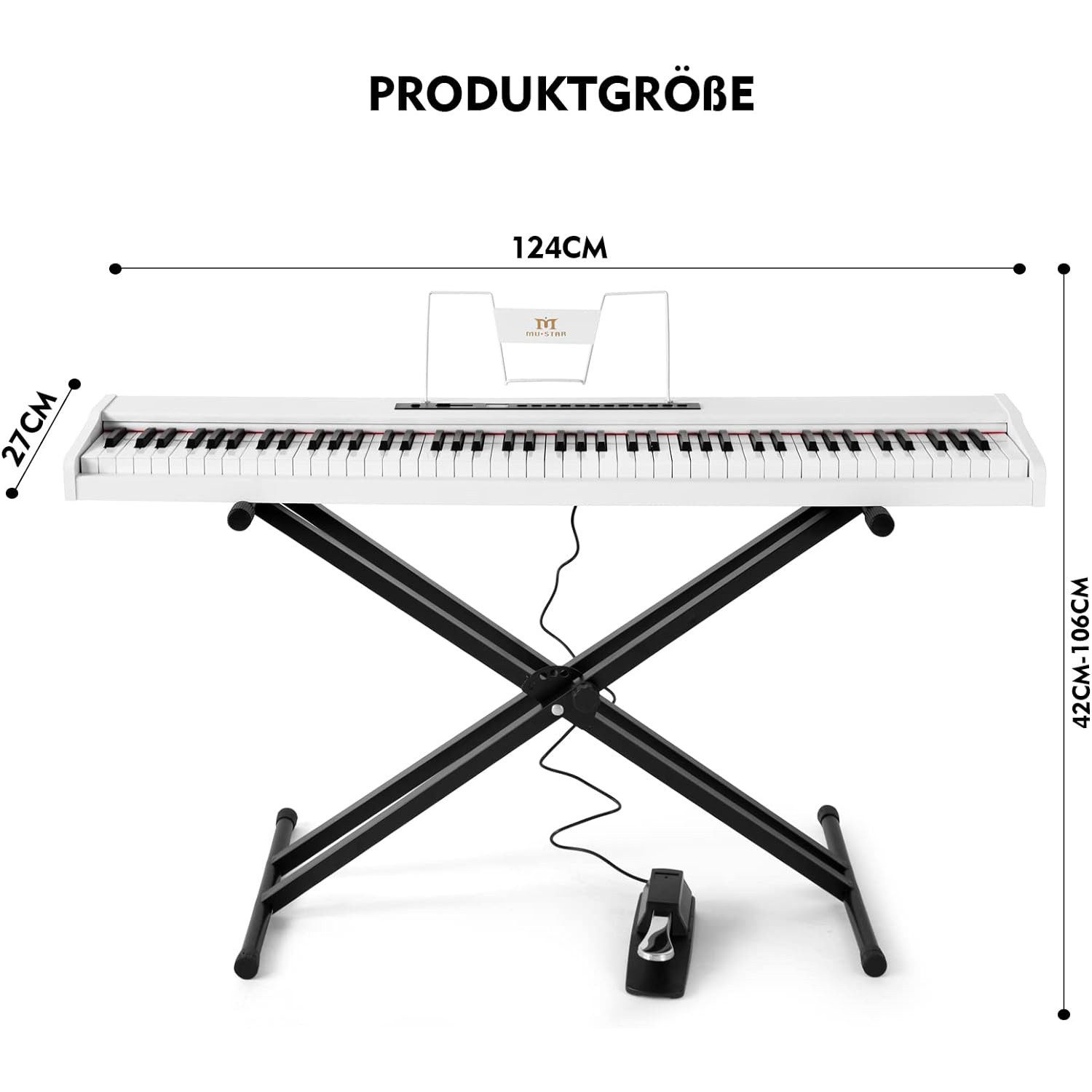 Ein weißes Digitalpiano auf einem schwarzen X-förmigen Ständer mit Fußpedal. Abmessungen sind angegeben.